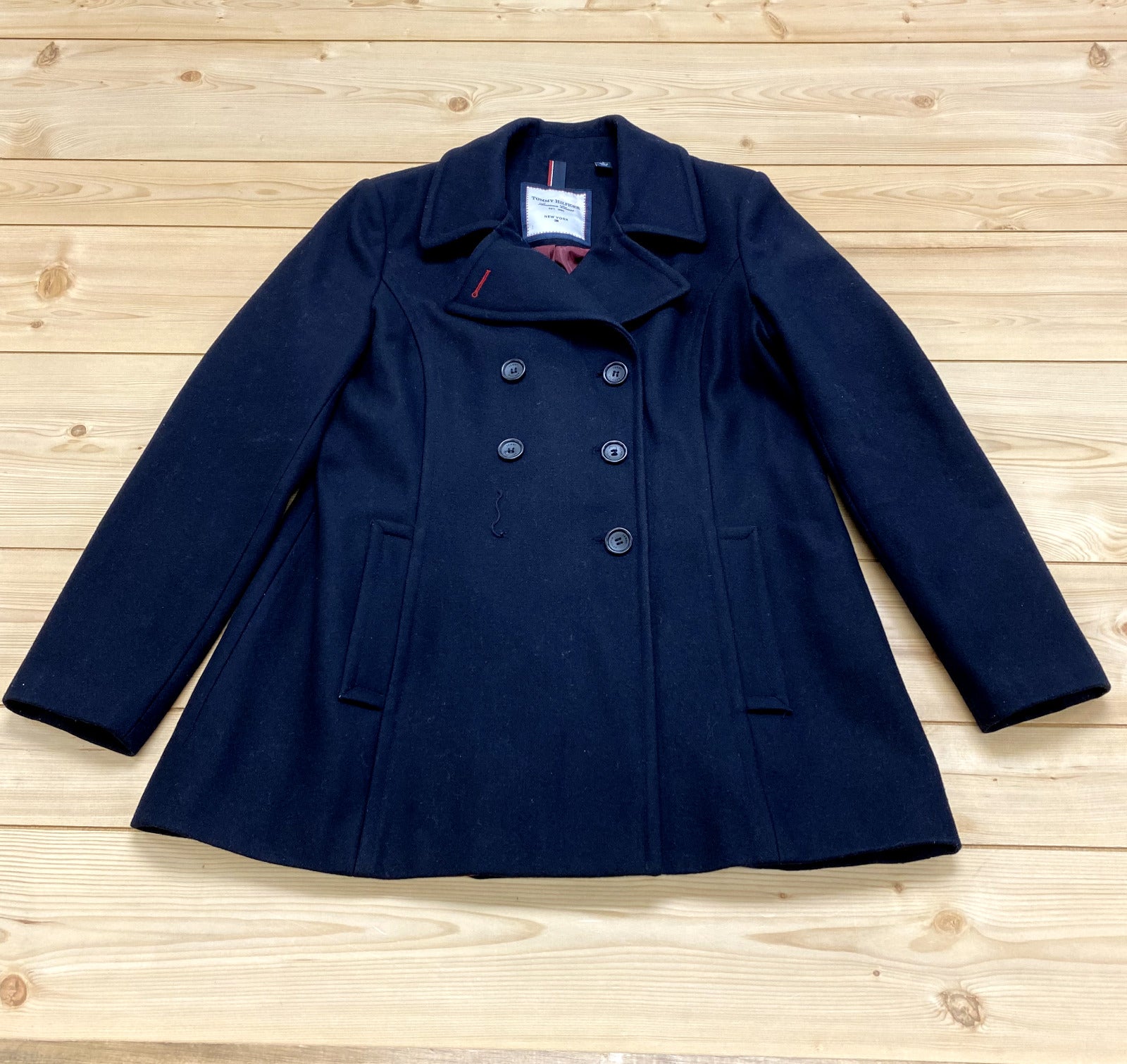 Tommy Hilfiger Black Classic Double-Breasted Wool Blend Peacoat Women Size L