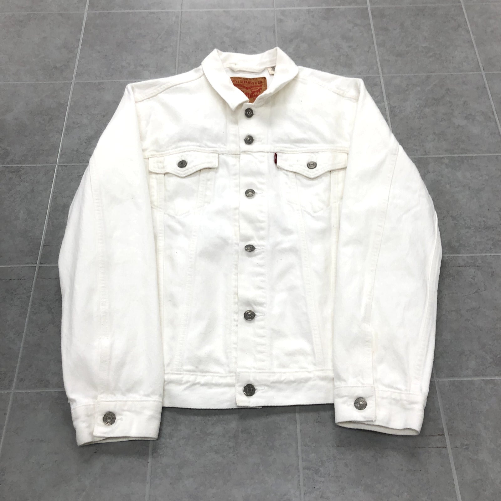 Levis White Long Sleeve Button UP Denim Trucker Jean Jacket Adult Size L