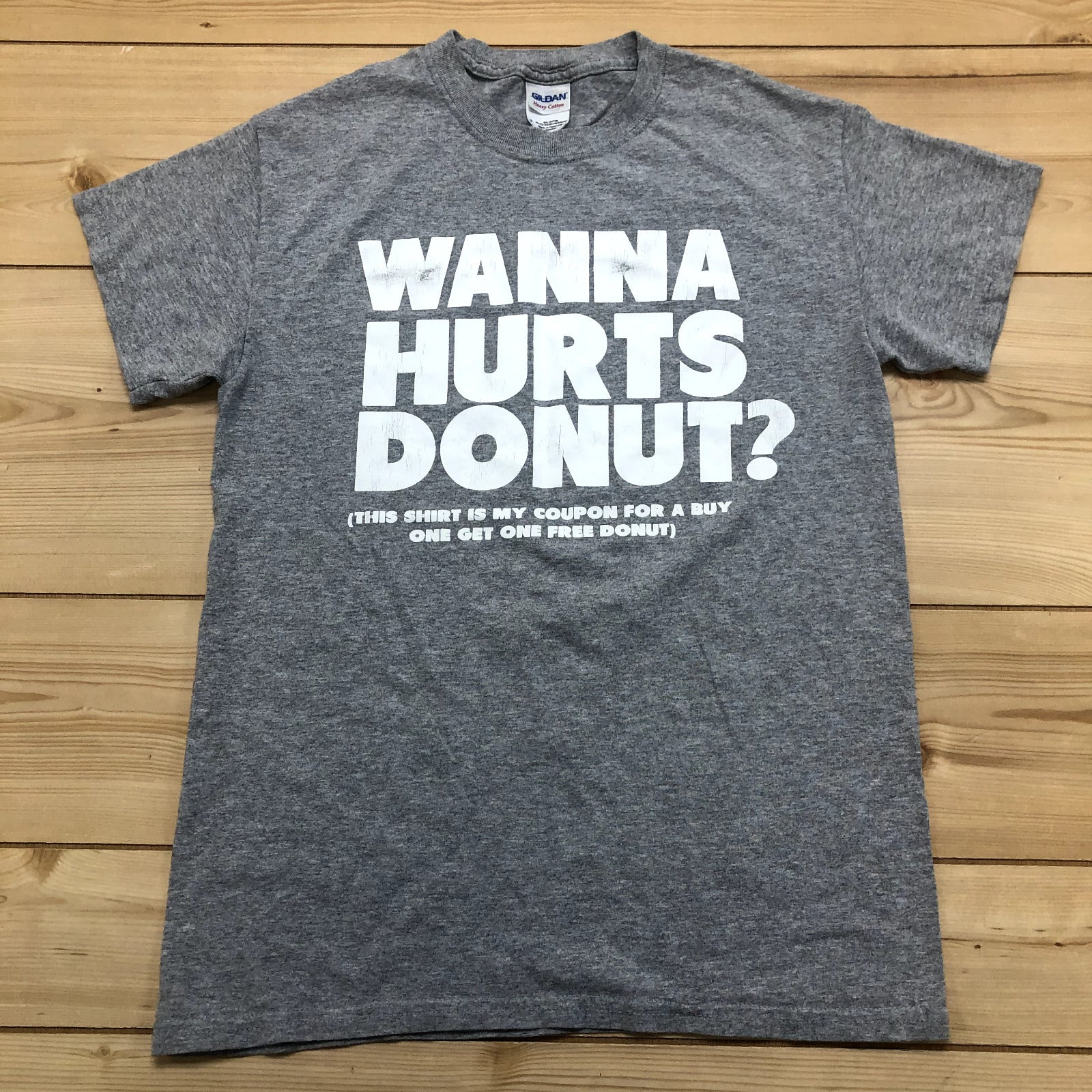 Gildan Grey Wanna Hurts Donut? Crew Short Sleeve Pullover T-Shirt Womens Size S