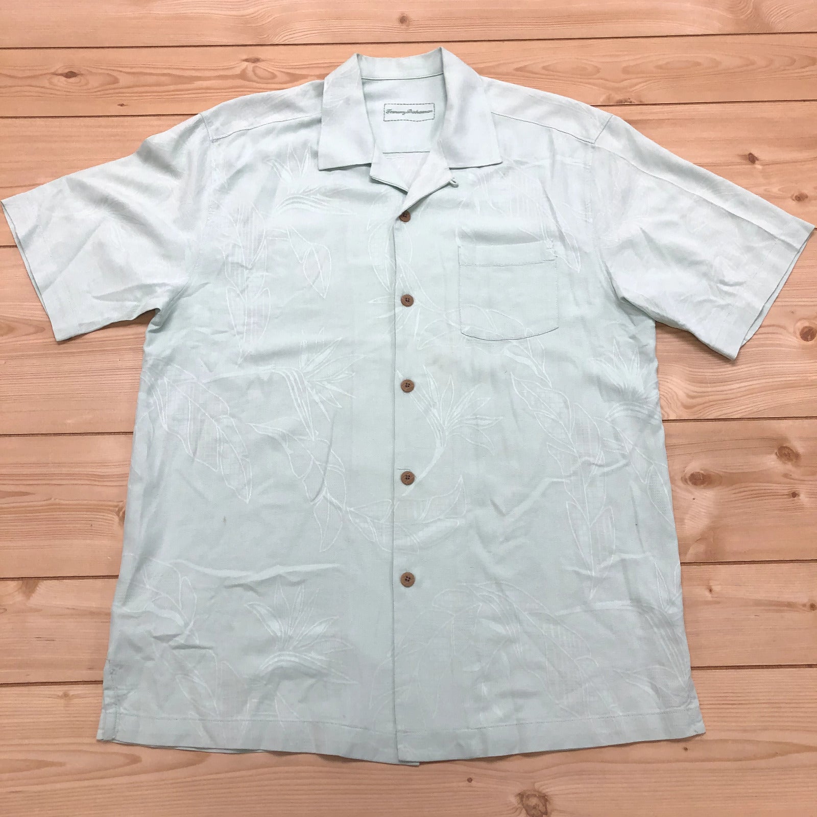 Tommy Bahama Green 100% Silk Button Up Short Sleeve Hawaiian Shirt Mens Size M