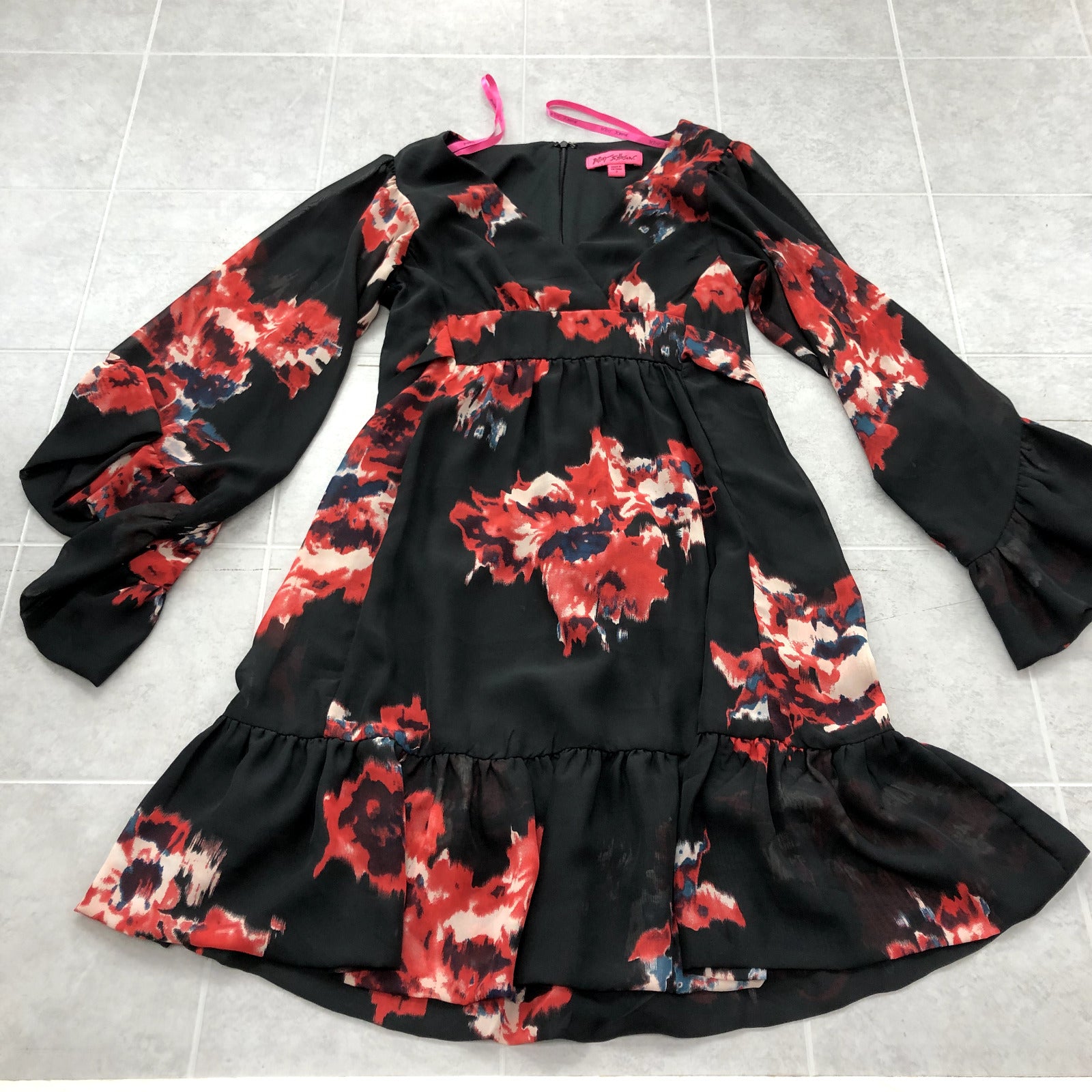 Betsey Johnson Black Floral Long Sleeve Zip Back V-Neck Dress Womens Size 2