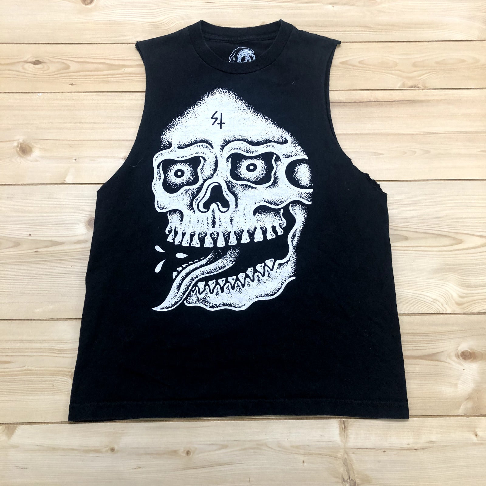 Sketchy Tank Black Skull Tongue Out Sleeveless Pullover T-Shirt Adult Size M