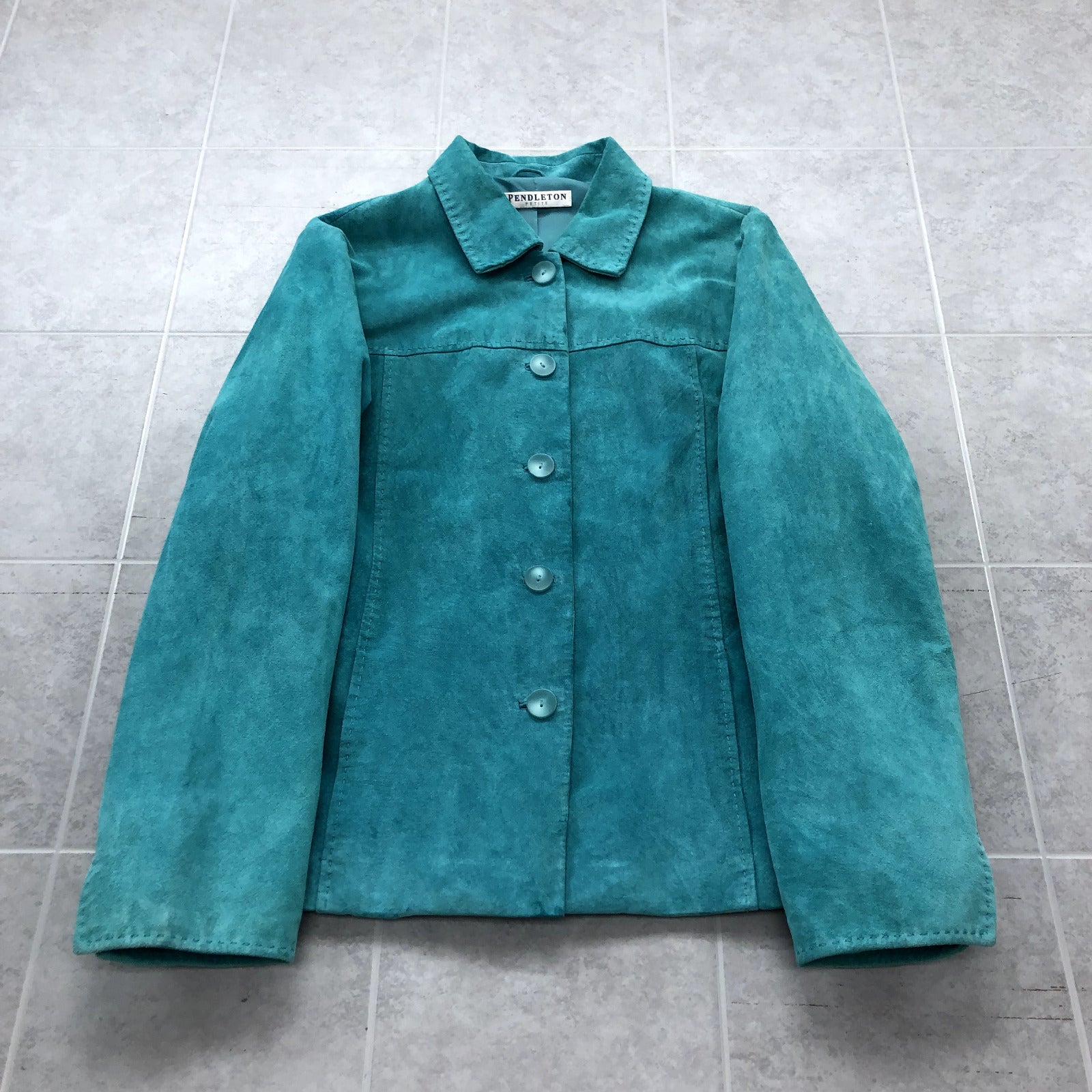 Pendleton Petite Teal Long Sleeve Button Up Lined Suede Jacket Womens Size 36