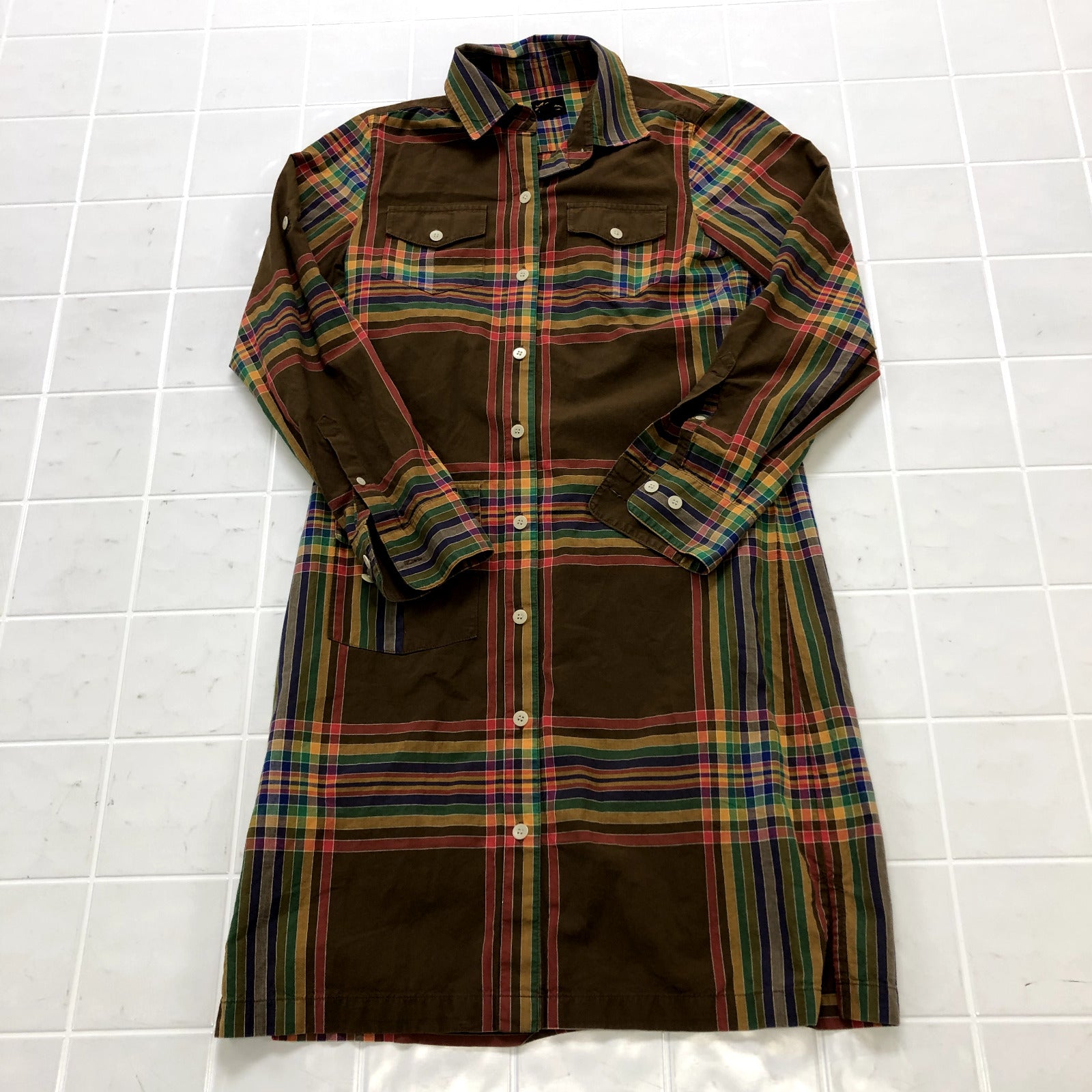 Retro L.L.Bean Brown Multicolor Plaid 3 Pocket Button Up Dress Women's Size 4