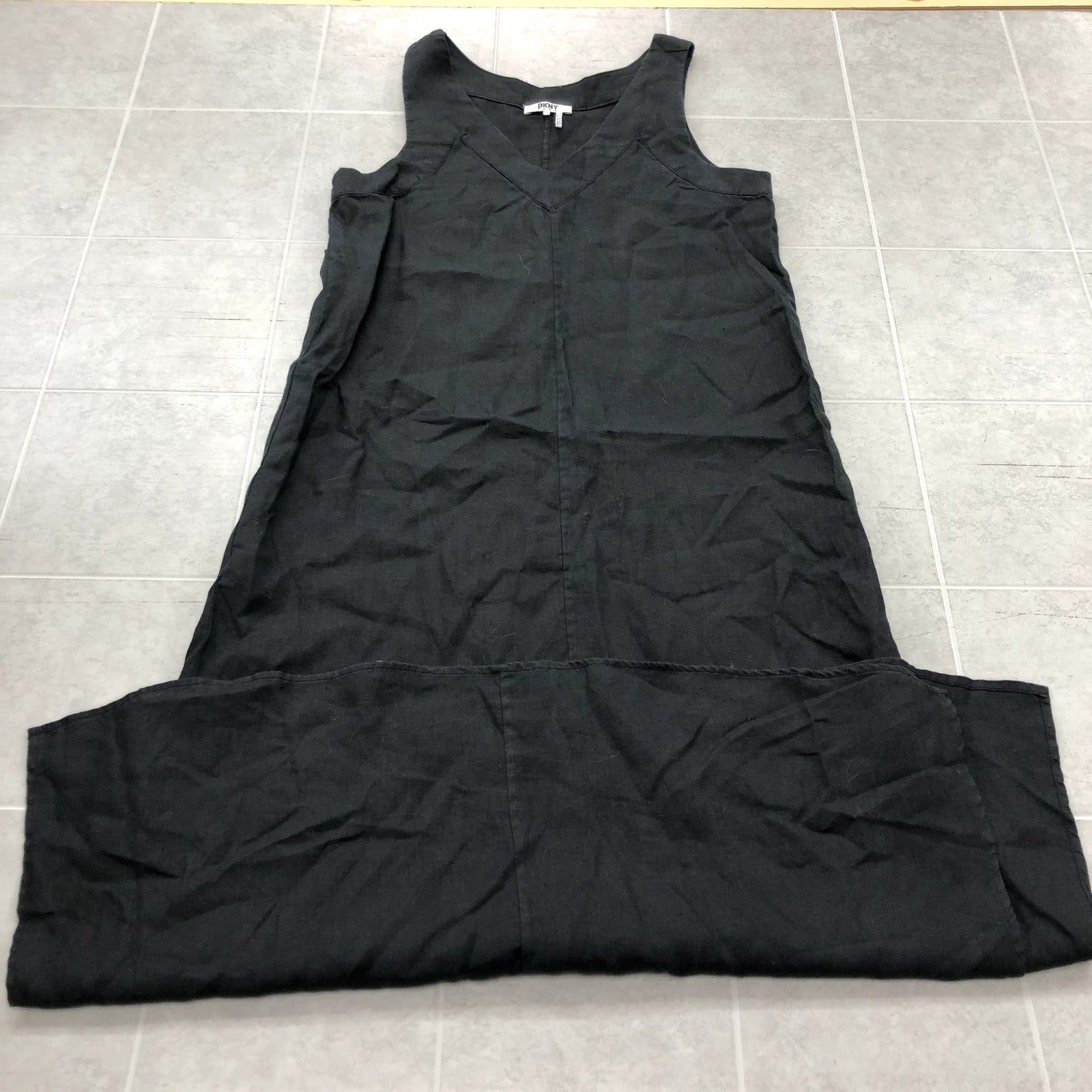 DKNY Pure Black Sleeveless A-Line Long Linen Dress Womens Size M