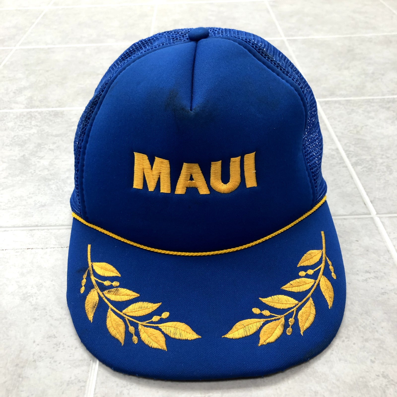 Vintage Hawaiian Headwear Blue Snap Mesh Back MAUI Tasseled Hat Adult One Size
