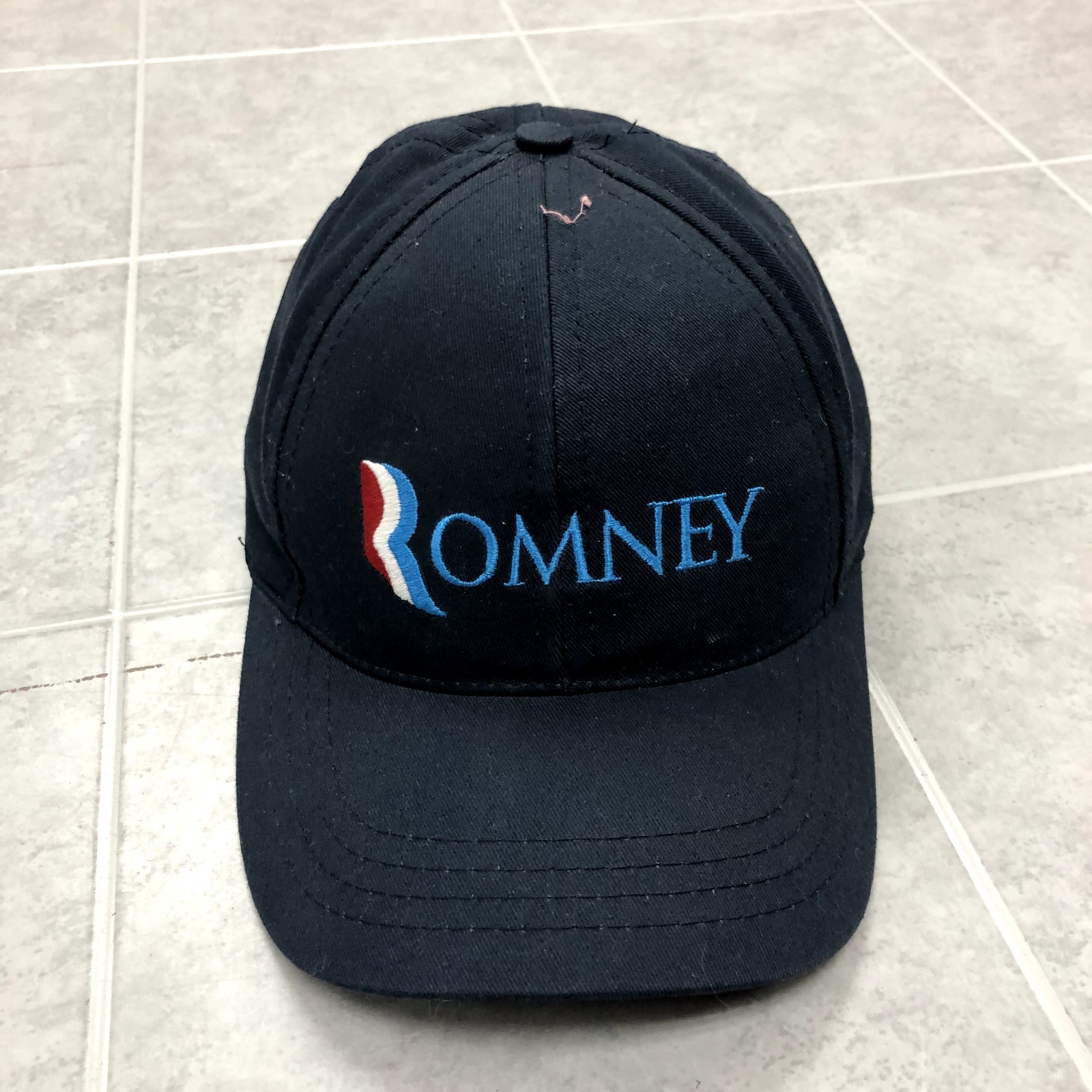 Vintage Navy Blue Hook Loop Back Graphic Romney USA Made Hat Adult One Size