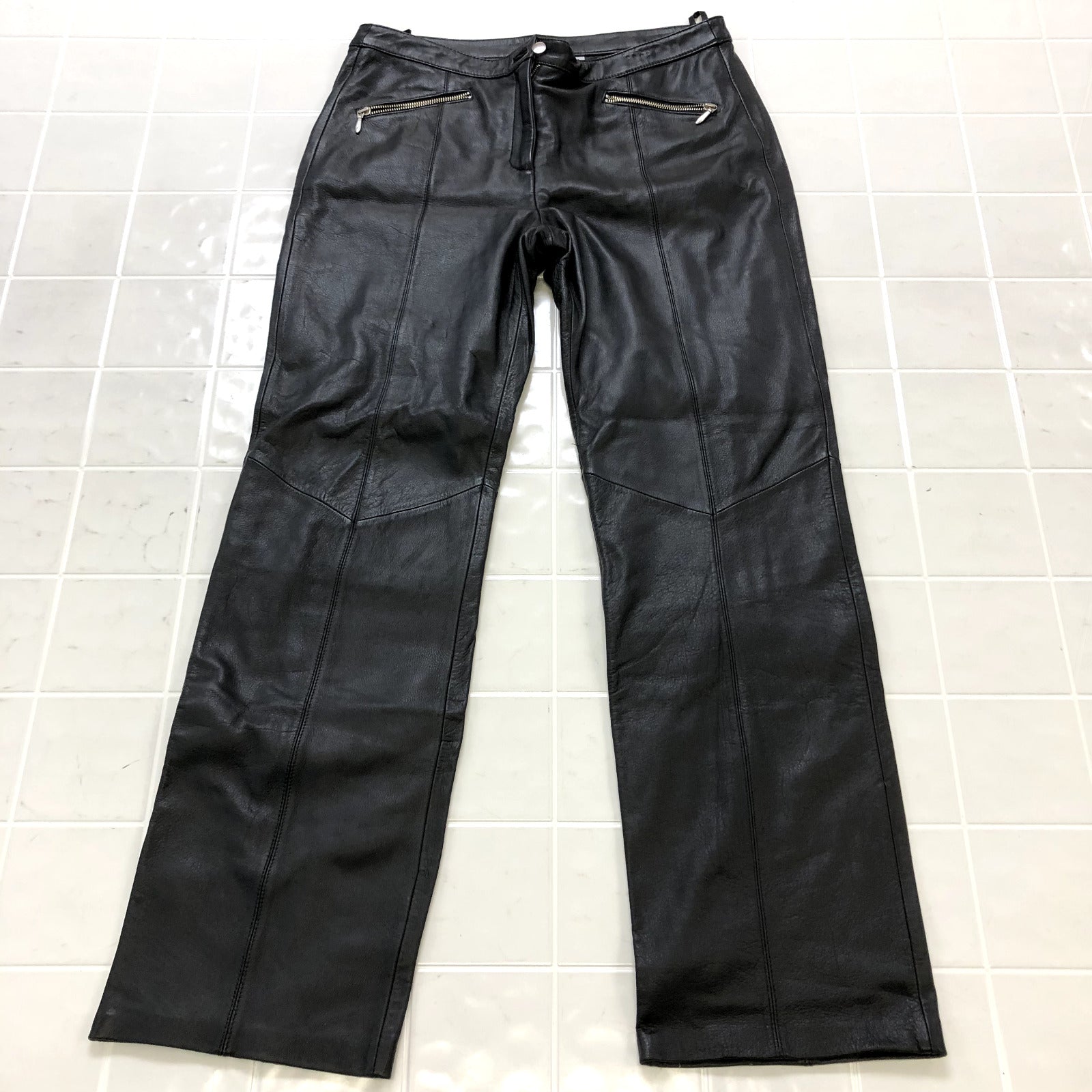 Retro Wilsons Leather Black Flat Front Straight Chino Leather Pants Women's 12
