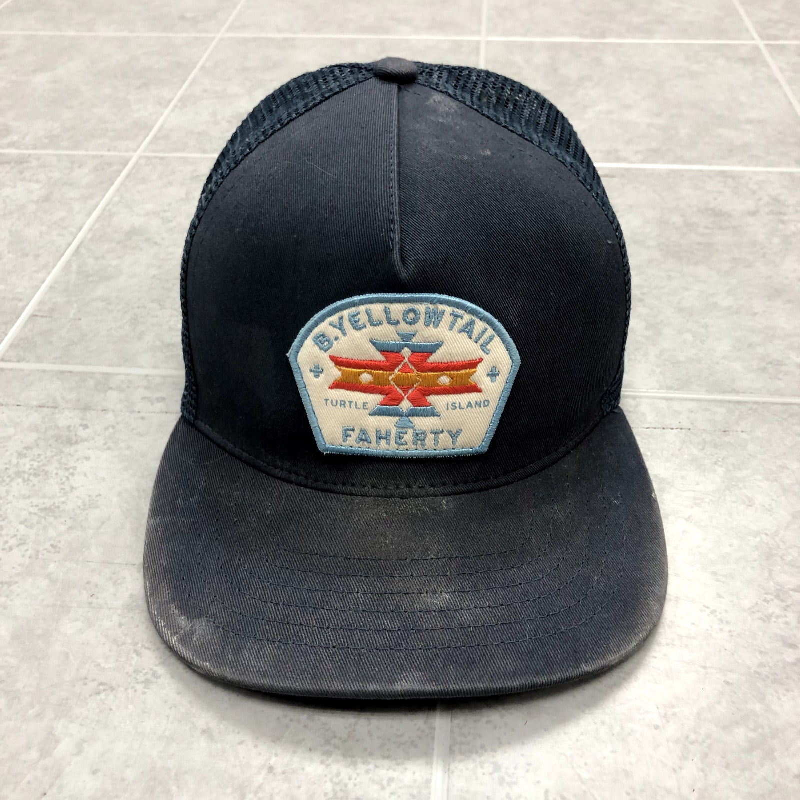 Vintage Faherty Navy Blue Mesh Snap Back Graphic Logo Trucker Hat Adult One Size