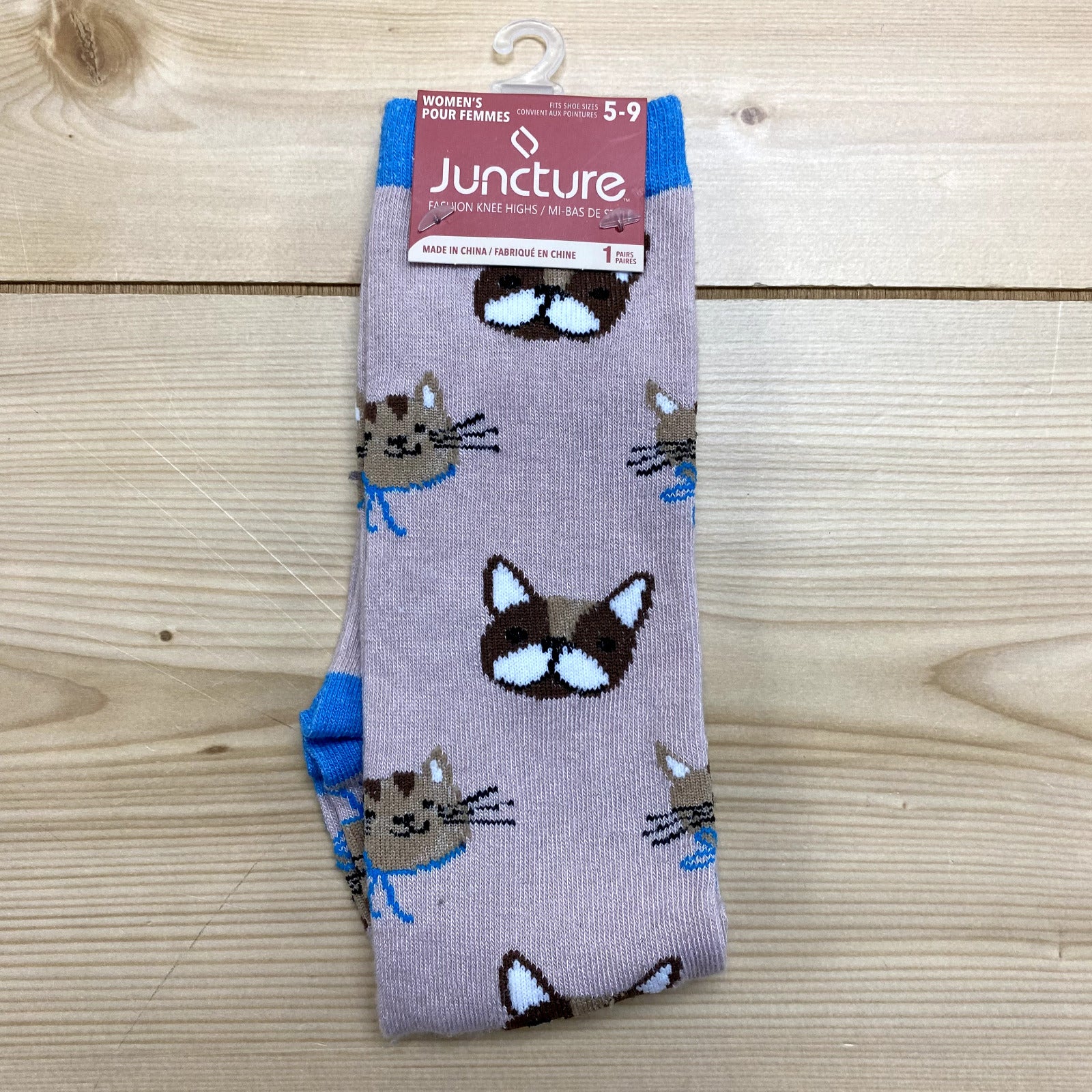NEW Juncture Pink & Blue Cat & Dog Face Print Knee High Socks Women Size 5-9