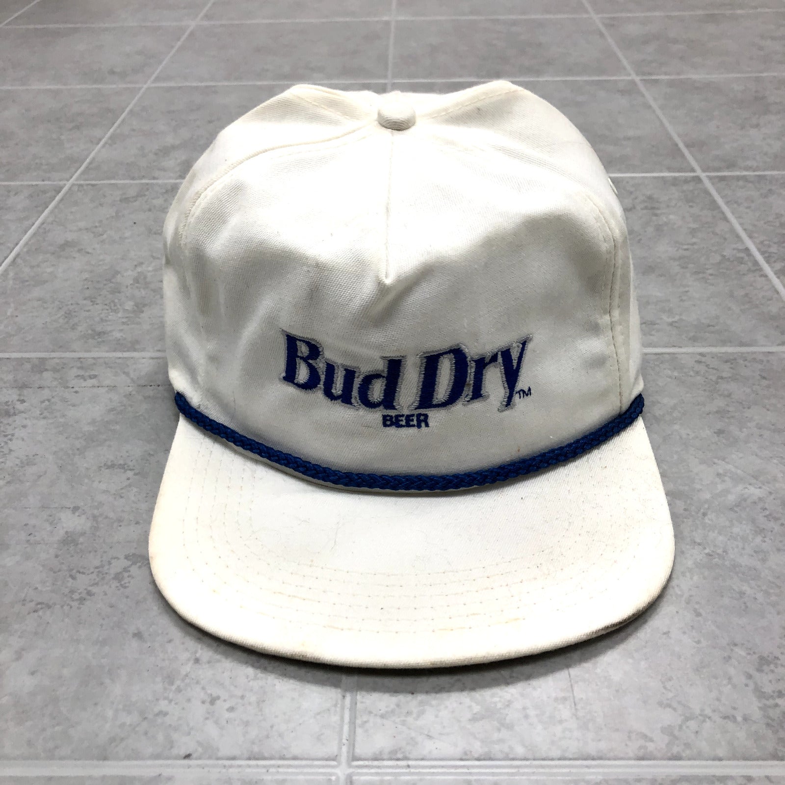Vintage Budweiser White Tasseled Graphic Bud Dry Baseball Cap Hat Adult One Size