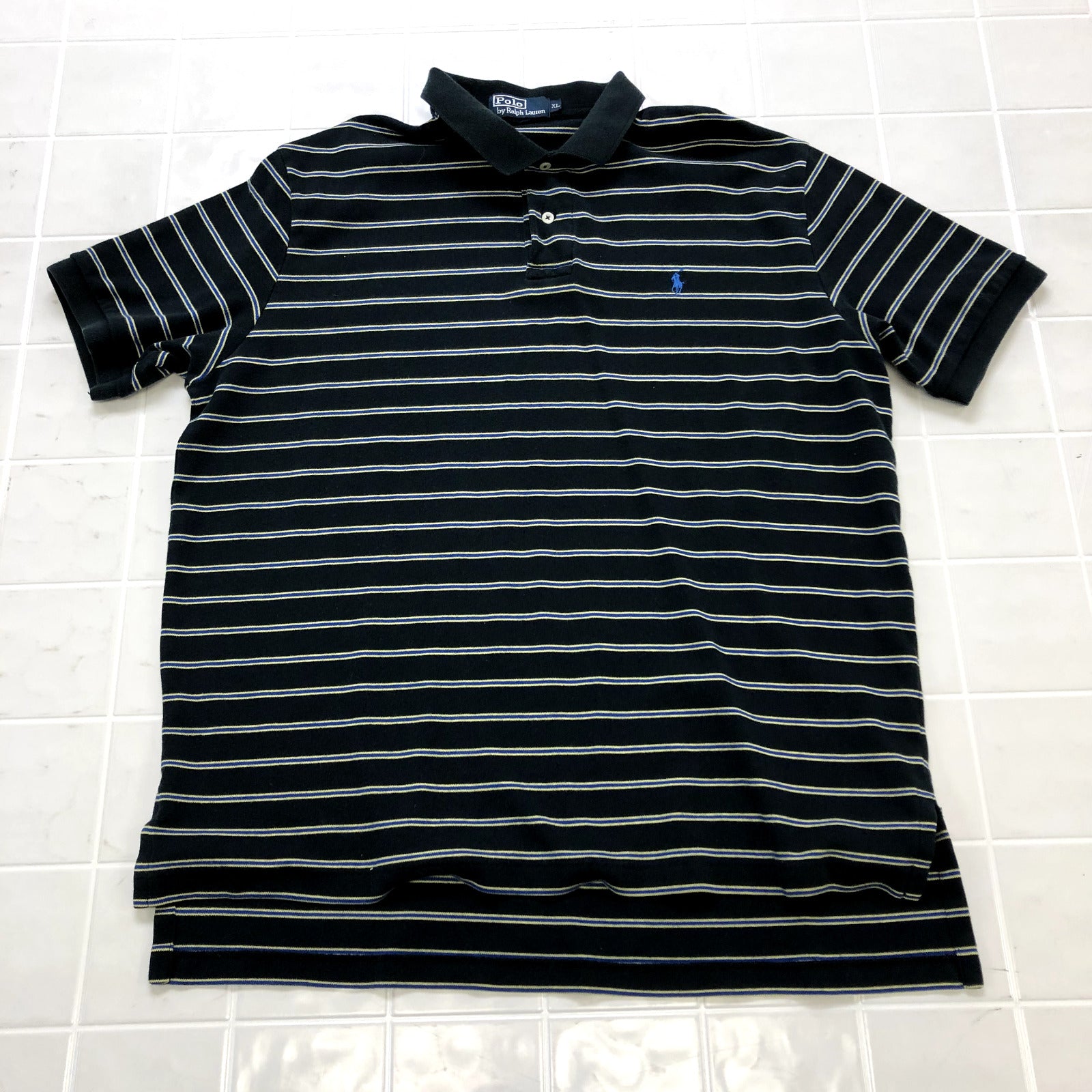 Polo Ralph Lauren Black Multicolor Stripe Cotton Polo Shirt Adult Size XL