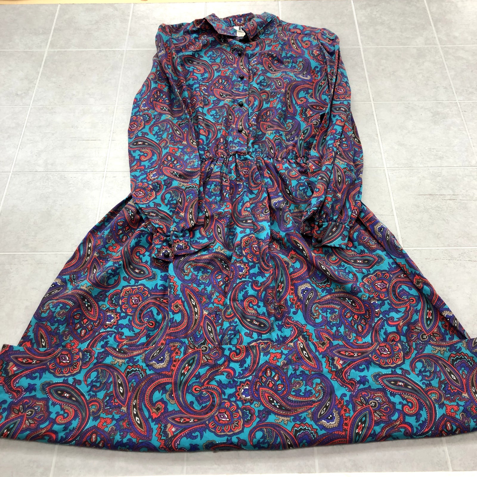 Vintage IFI Teal Paisley Long Sleeve A-Line Button Up Dress Womens Size 18T