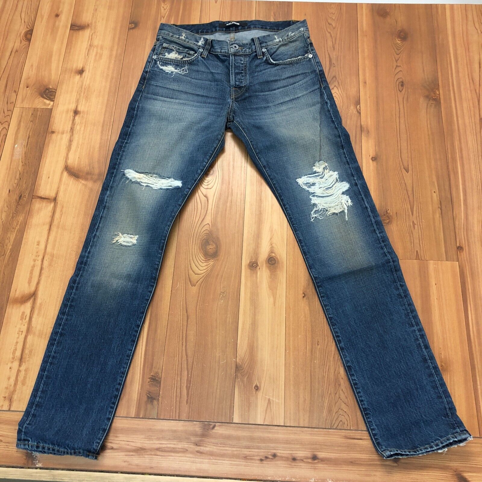 Baldwin Blue Distressed Oil Wash Slim Leg Flat Front Denim Jeans Men Size 30