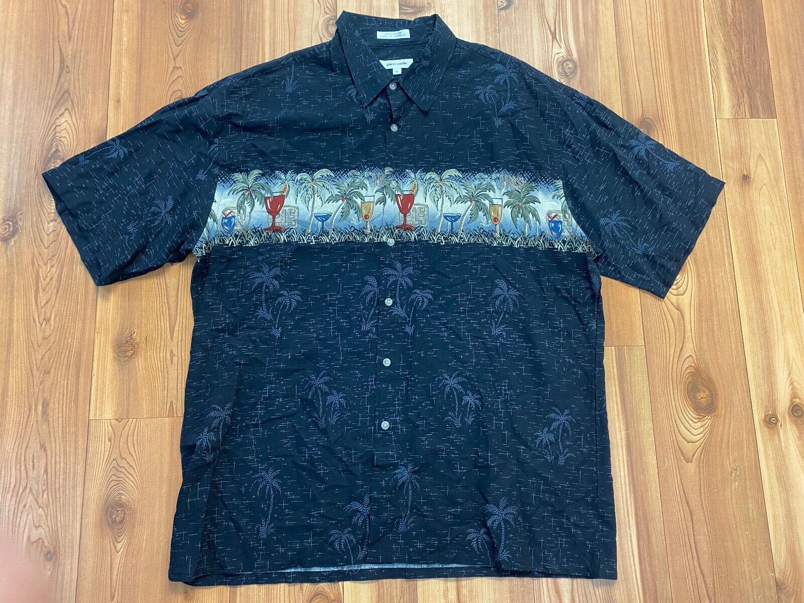 Pierre Cardin Black Short Sleeve Hawaiian Drinks Button Up Shirt Men Size XL