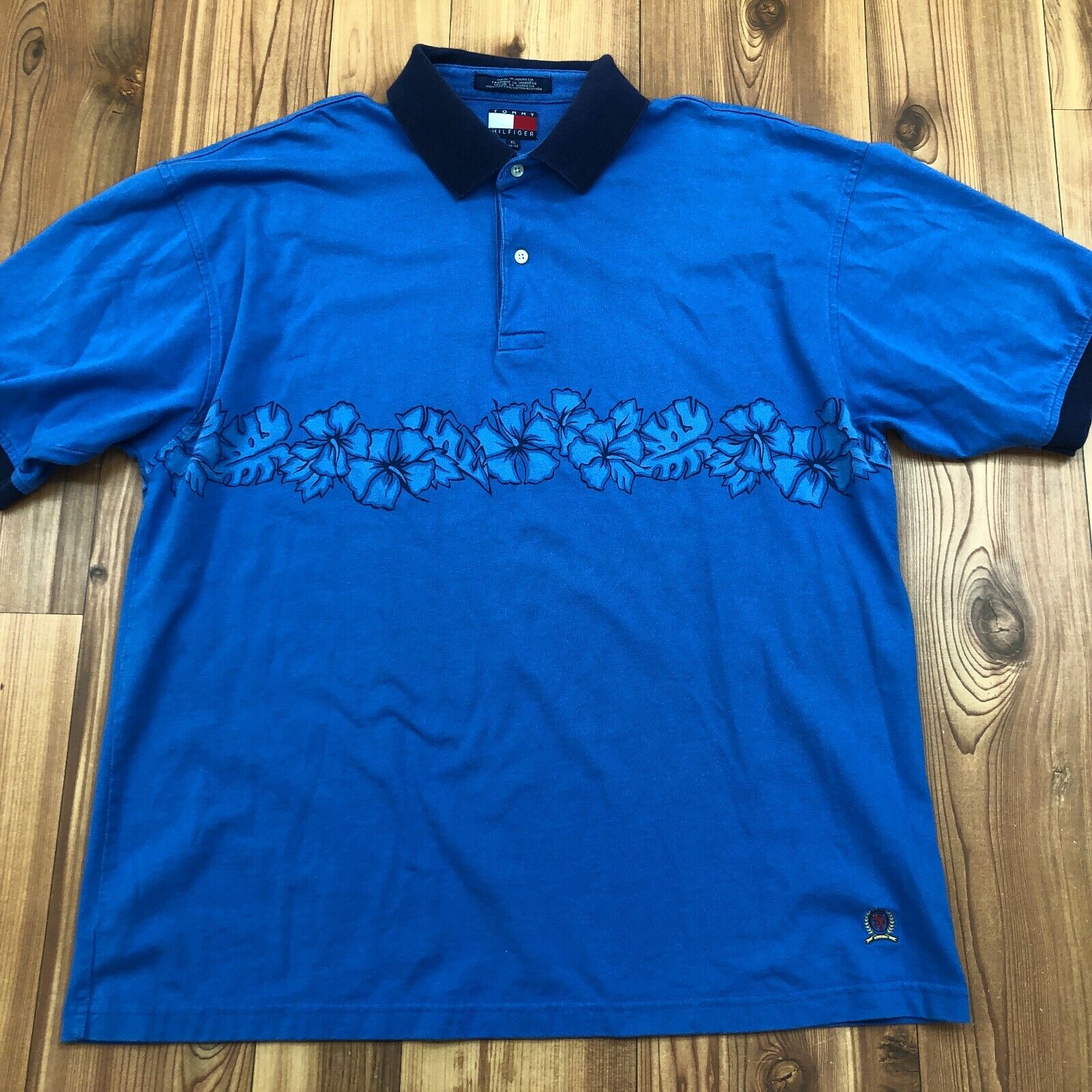 Tommy Hilfiger Blue Short Sleeve Polo Shirt With Hawaiian Graphic Mens Size XL