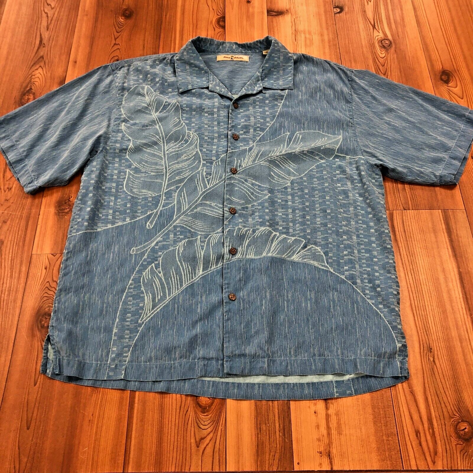 Tommy Bahama Blue Short Sleeve 100% Silk Button Up Hawaiian Graphic Shirt Men XL