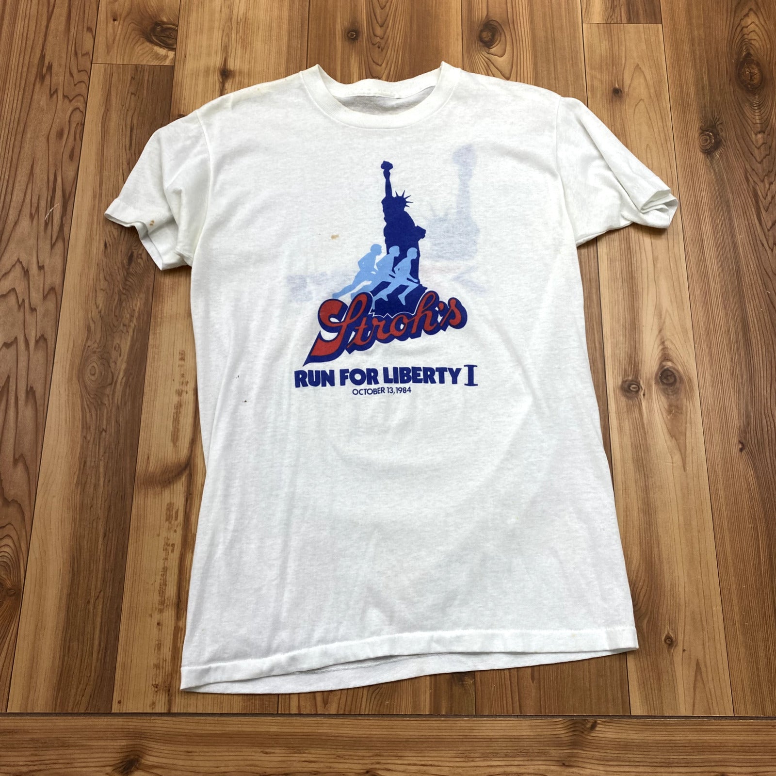 1984 Vintage Unbranded White Stroh's Run For Liberty T-Shirt Adult Size S