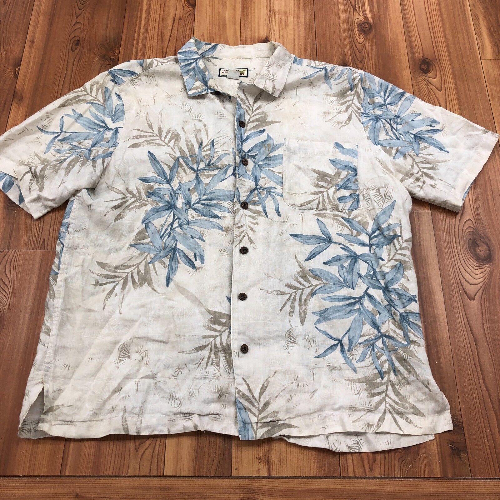 Caribbean Joe Tan And Blue Hawaiian Short Sleeve Button Up Shirt Men Size XL