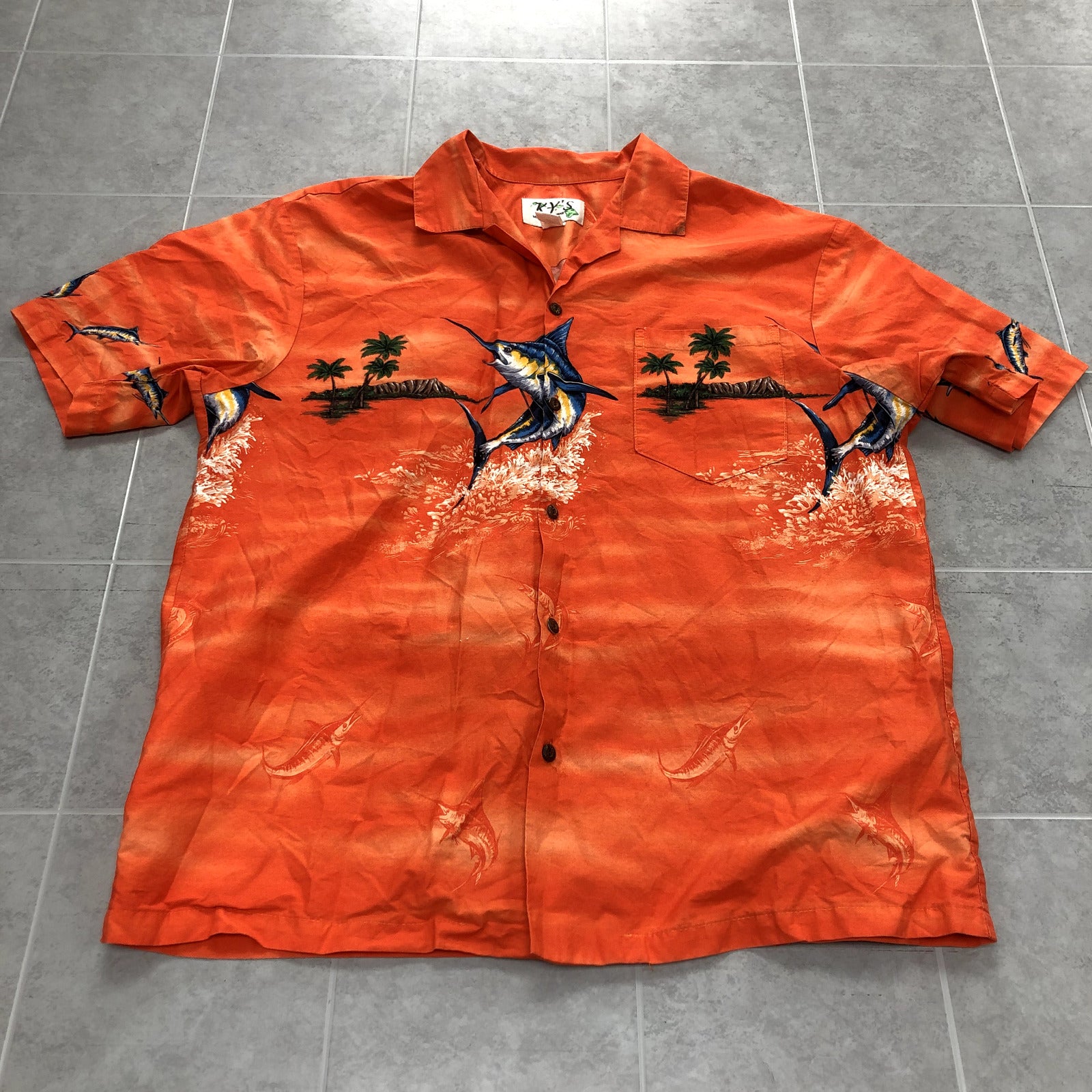 KY'S Orange Short Sleeve Casual Button Up Hawaiian Shirt Adult Size XL