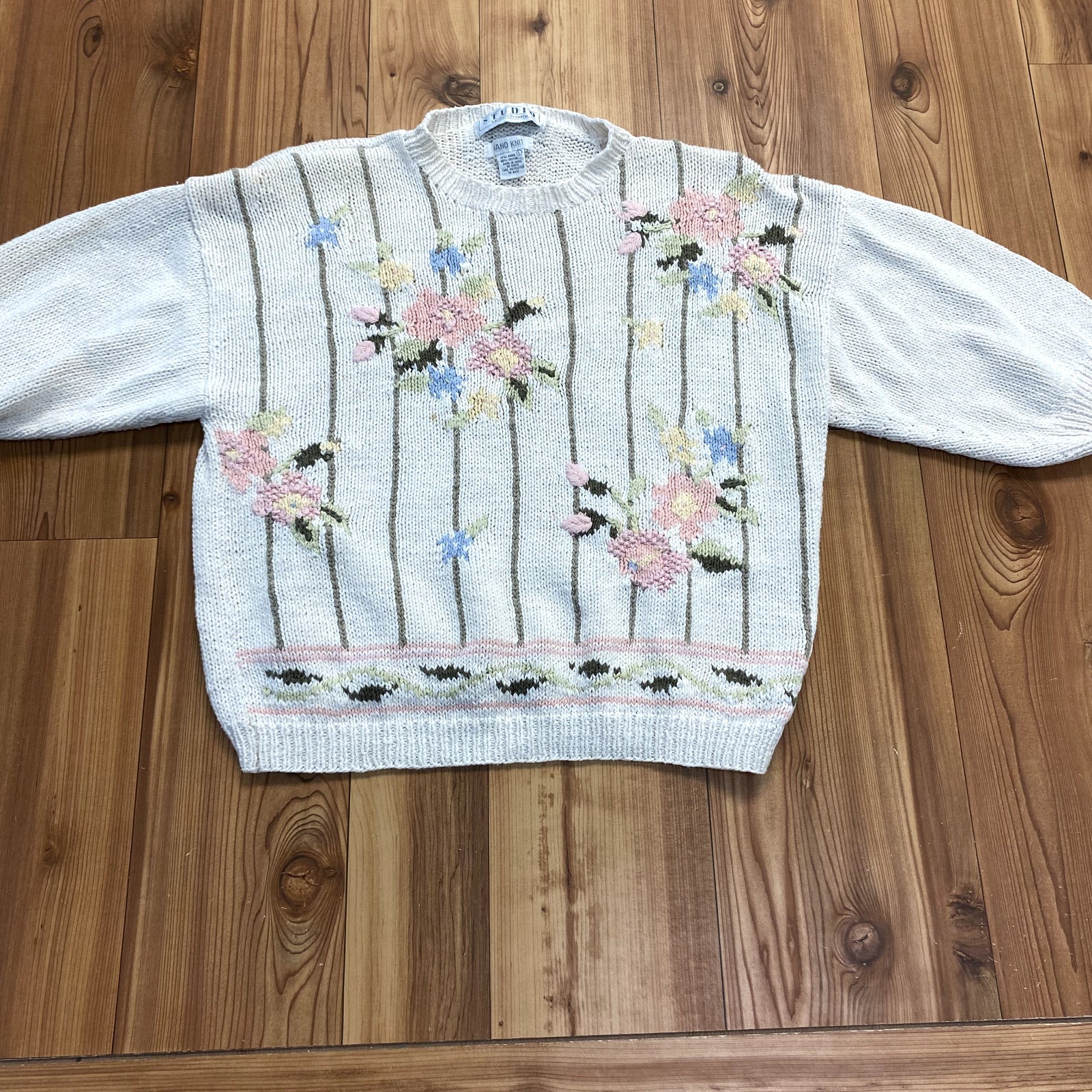 Studio Ivory Knitted Short Sleeve Floral Pullover Cotton Blend Shirt Youth L