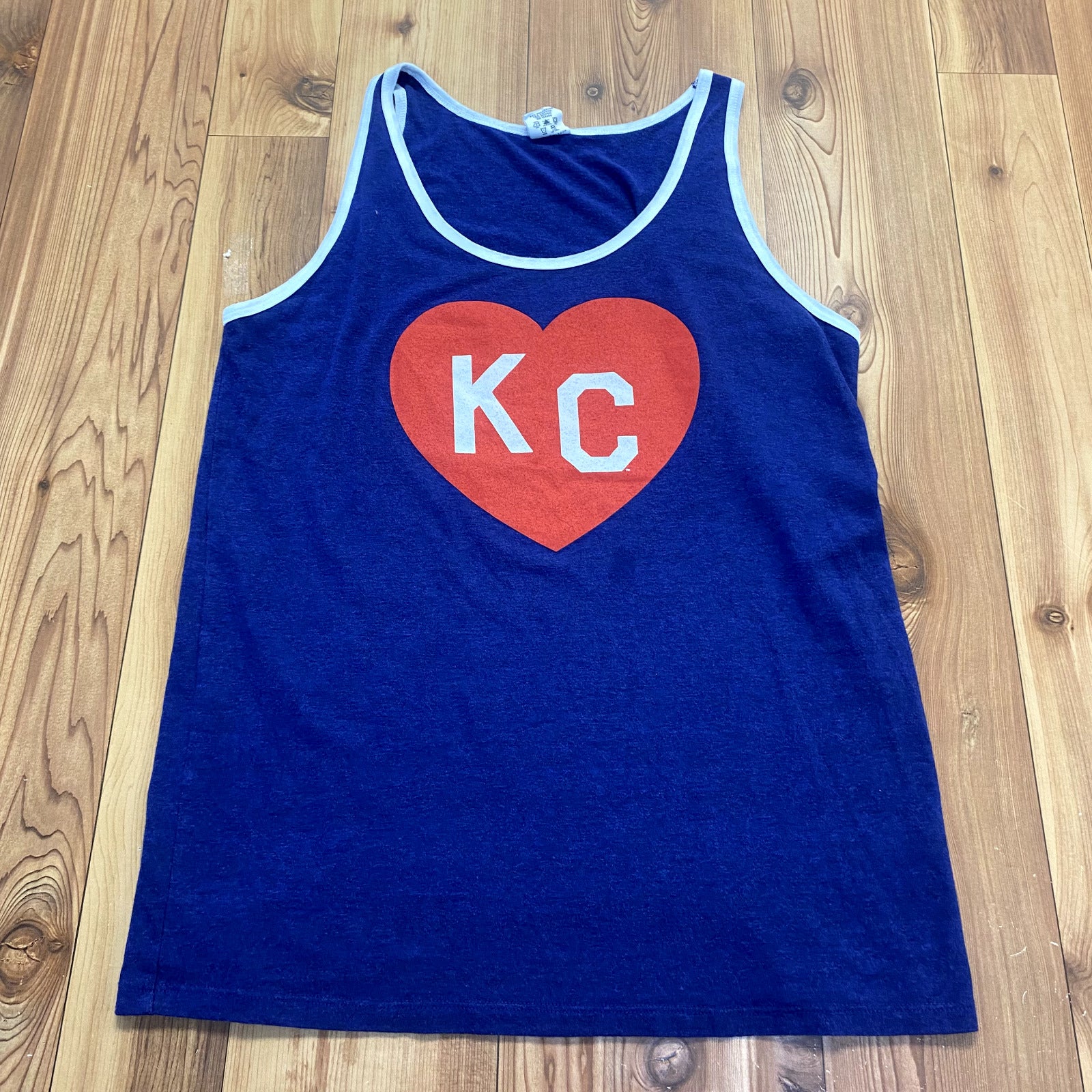 Vintage Charlie Hustle Blue Made In USA KC Heart Sleeveless T-Shirt Adult Size L
