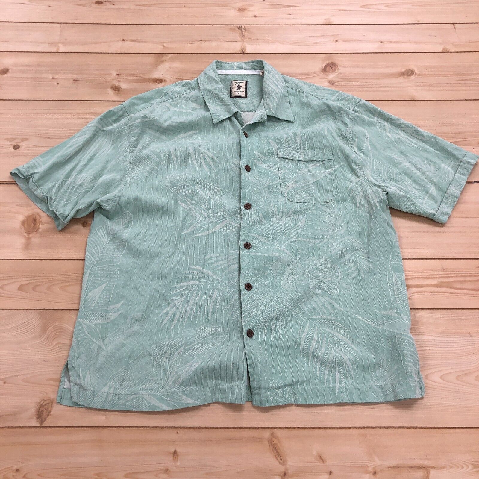 Jamaica Jaxx Light Green Short Sleeve Hawaiian Button Up 100% Silk Shirt Men XXL