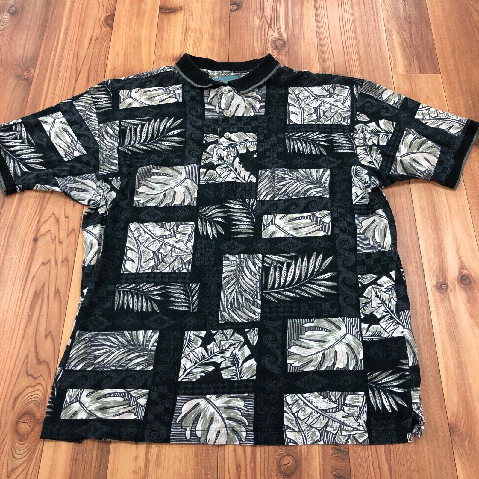 Kaylua Bay Black Tan Hawaiian Graphic Short Sleeve Polo Style Shirt Men Size XL