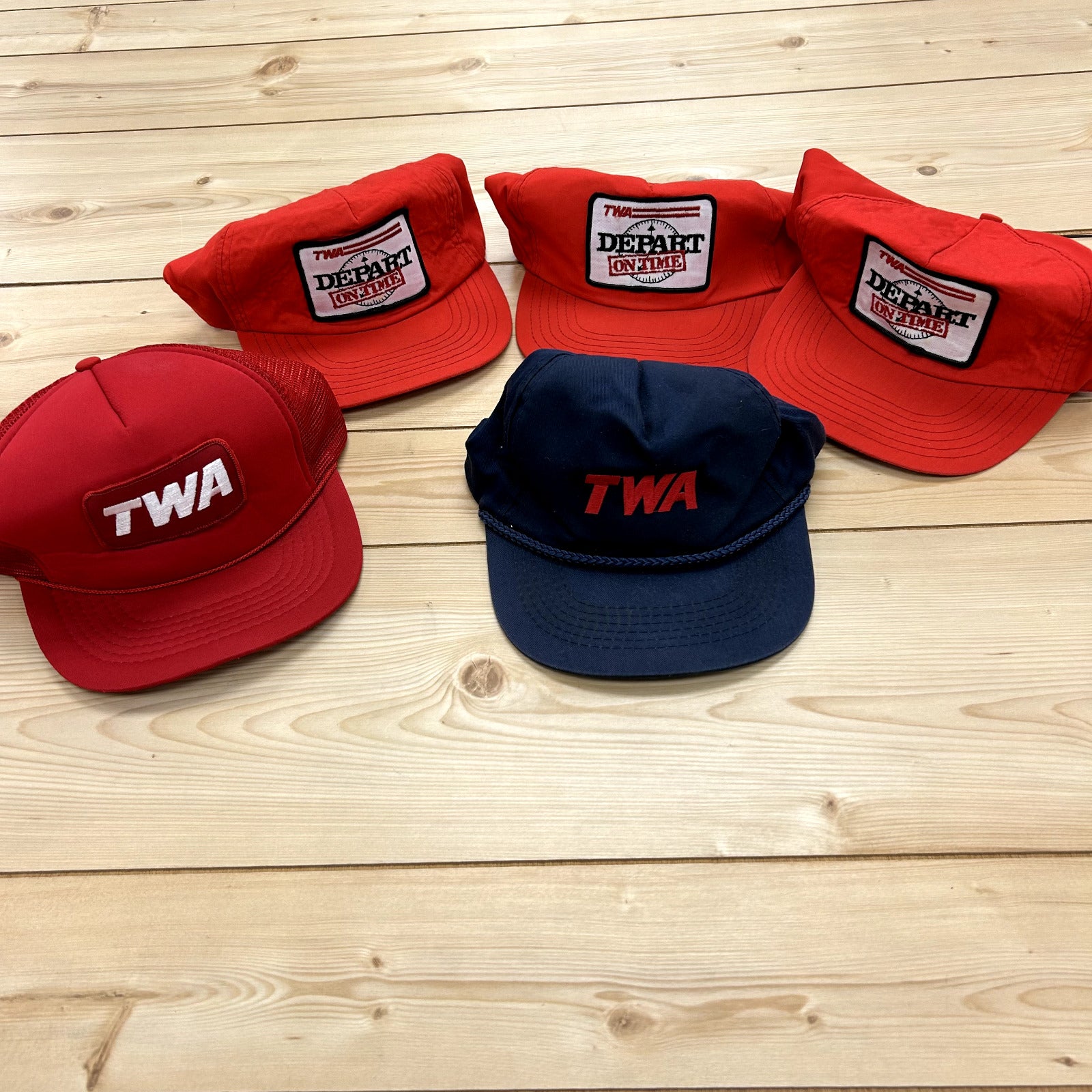 Vintage Lot 5 TWA Hats Red Snapback Mesh Trucker Rope USA Trans World Airlines