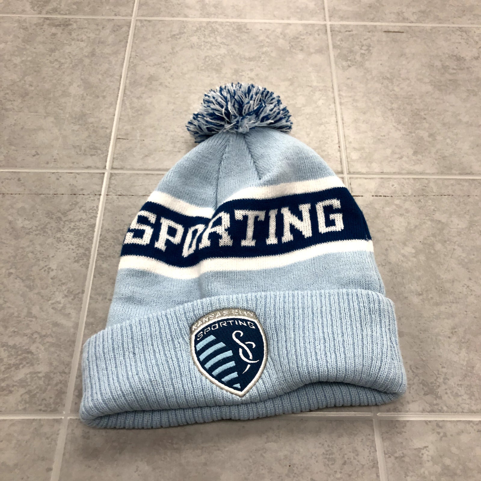 Baby Blue Tight Knit Puff Ball Top Graphic Sporting KC Beanie Adult One Size