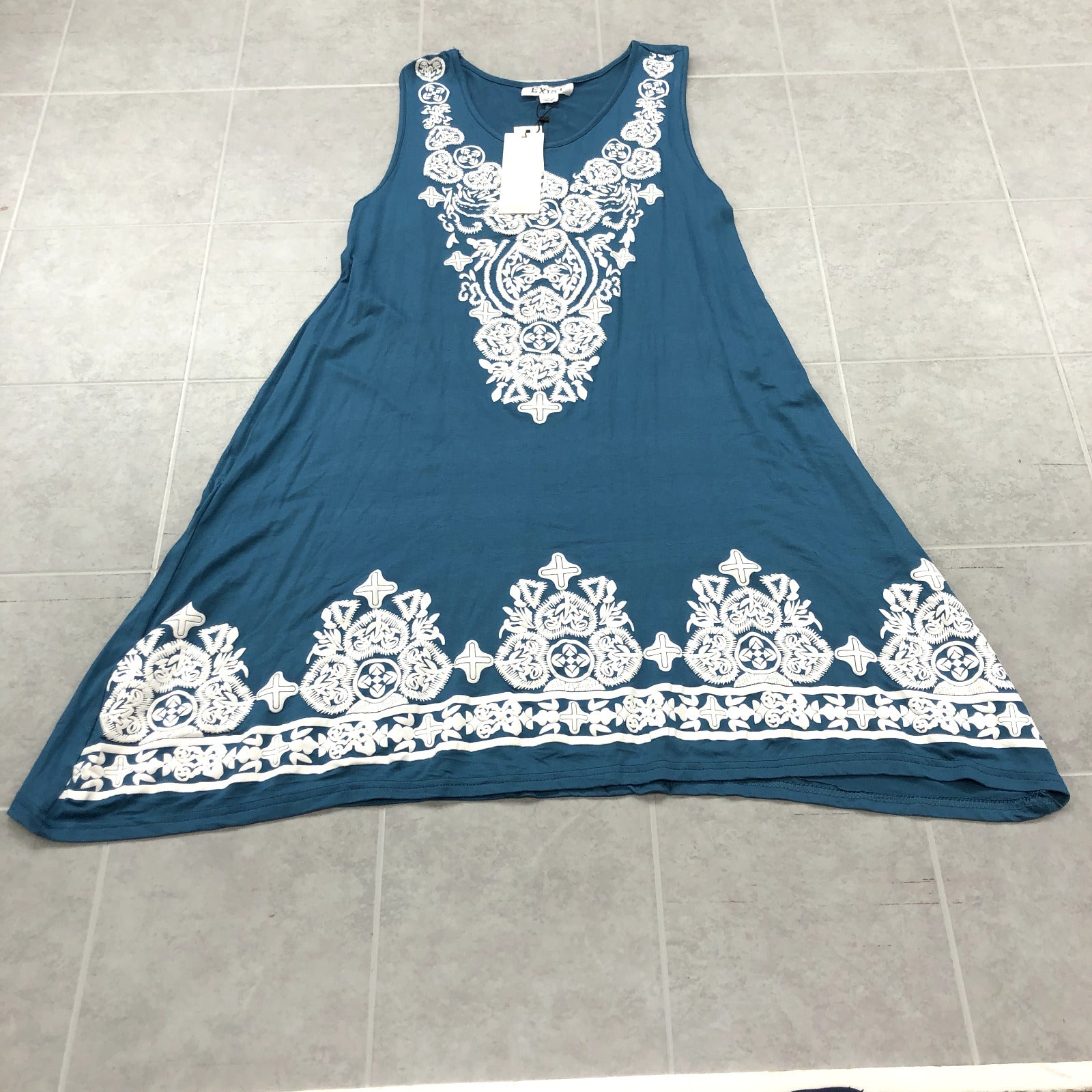 EXIST Blue Sleeveless Round Neck A-Line Patterned Dress Womens Size L