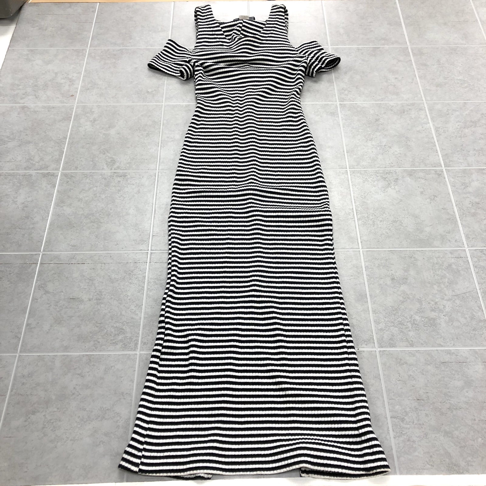 Vintage Dawn Joy Black White Striped Crop Sleeve Stretch Dress Womens Size XS