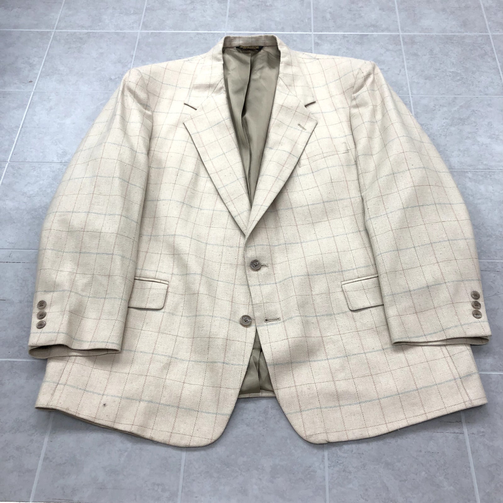 Vintage Ivory Plaid Lined Single Breasted Notch Lapel Blazer Adult Size 48R