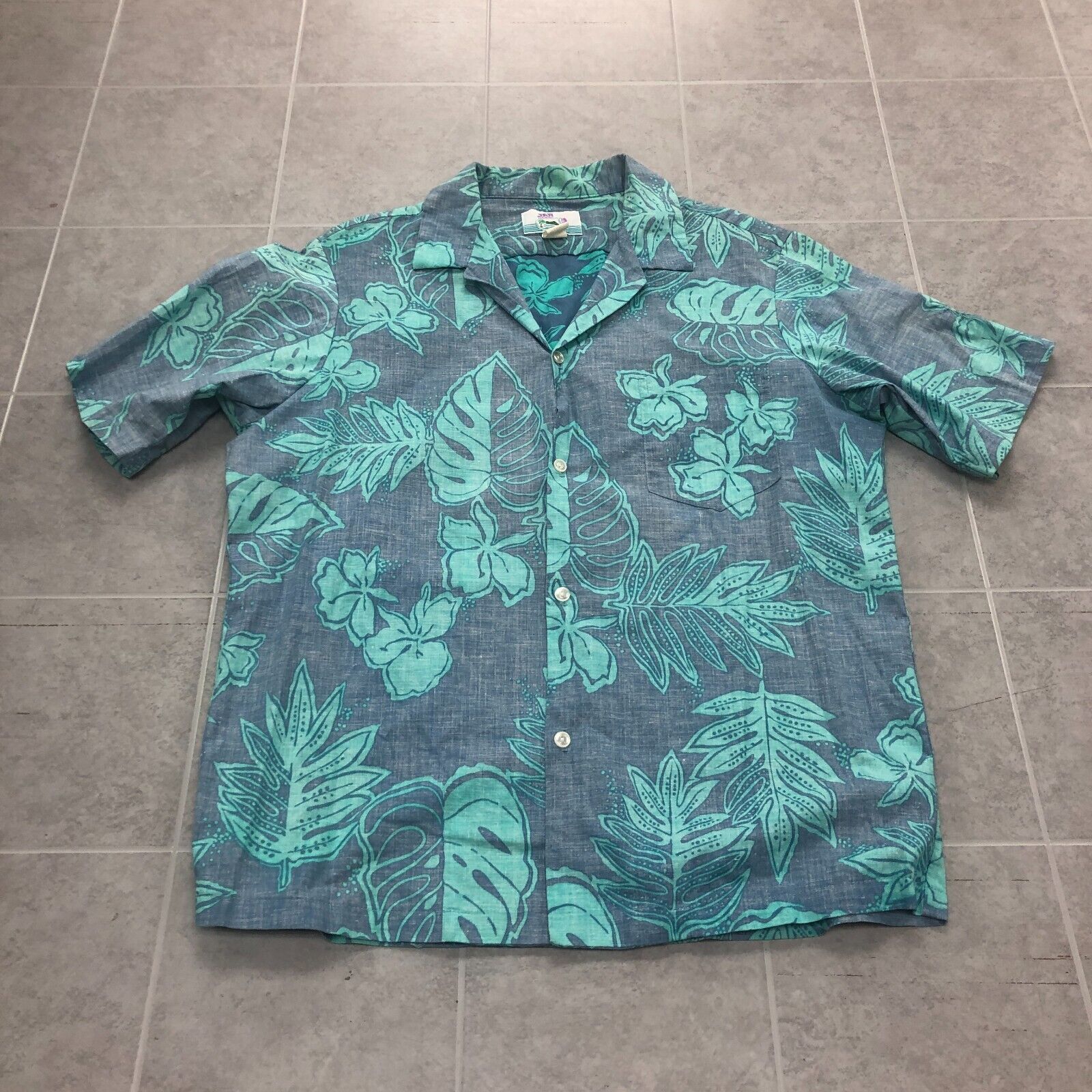 Vintage Jar Hawaii Blue Floral Button up Casual Hawaiian Shirt Adult Size L