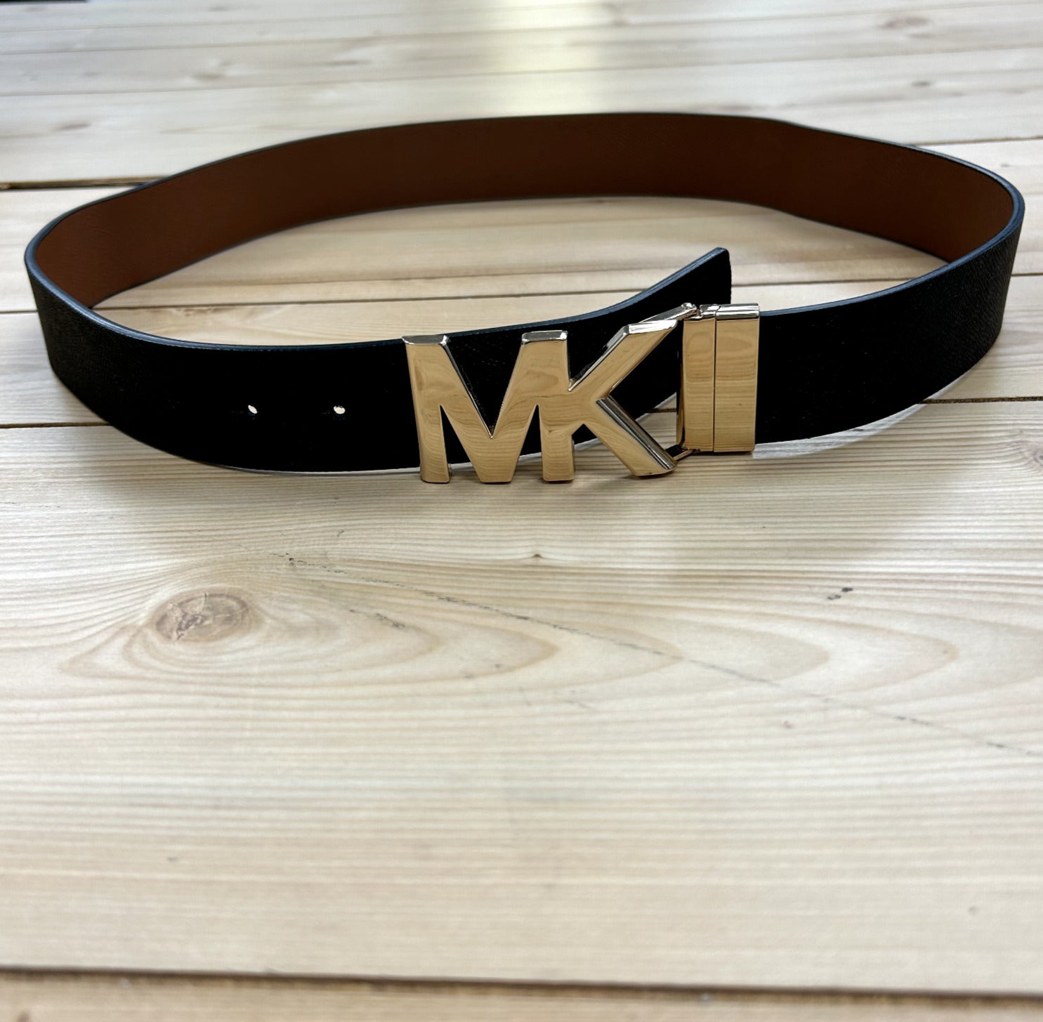 MICHAEL KORS Reversible Belt 2 Sides Black & Tan MK Logo Gold Buckle 38" Length