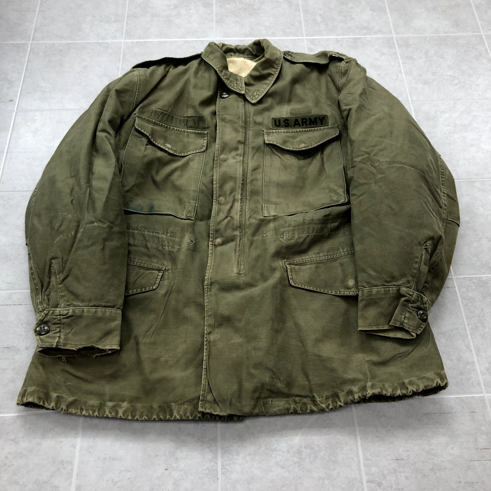 Vintage US ARMY Green Full-Zip/Snap Three Layer Insulated Overcoat Adult Size M
