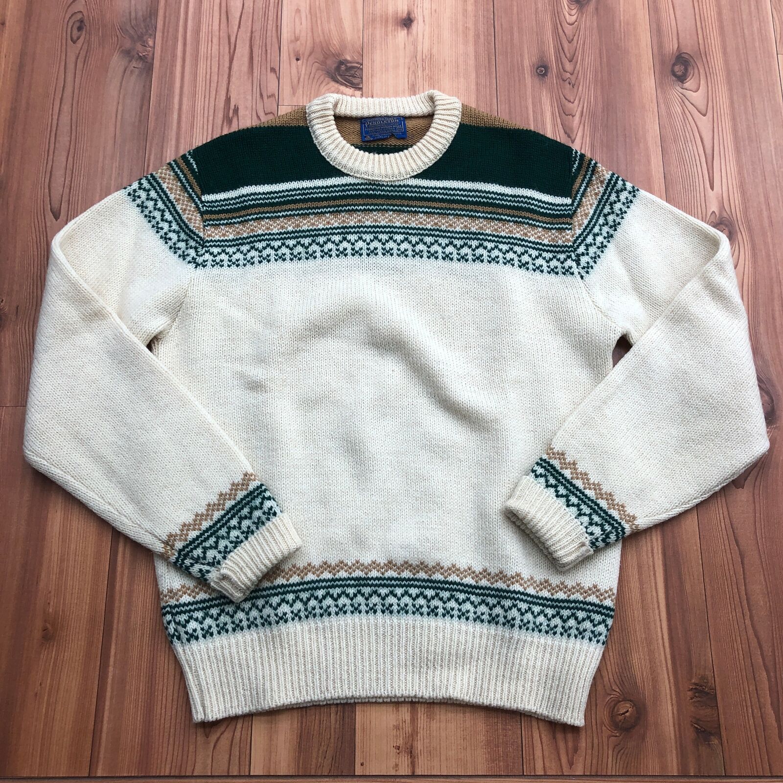 Vintage Pendleton Beige Striped Green And Brown Wool Sweater Adult Size M