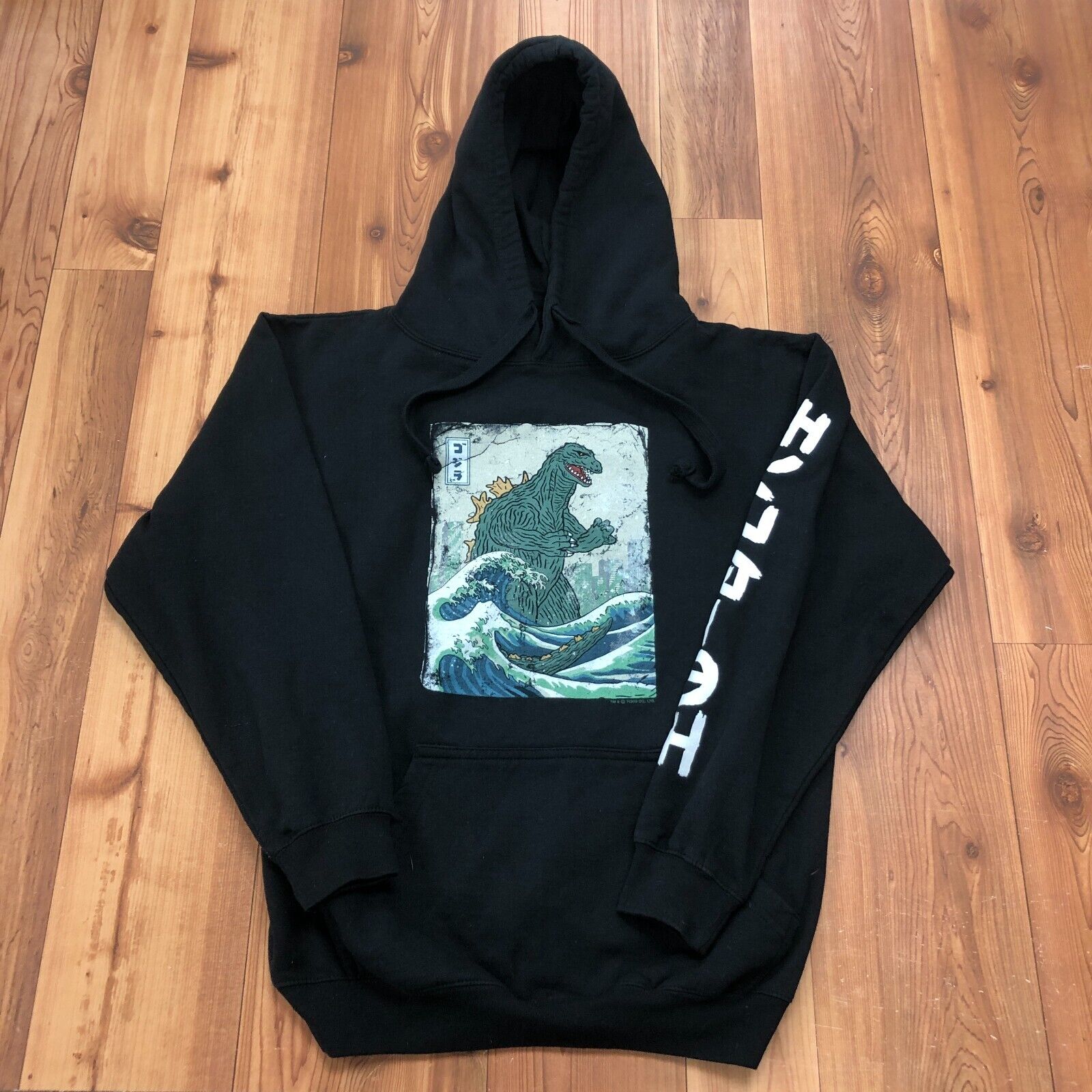 Black Godzilla Long Sleeve Great Wave Japanese Pullover Hoodie Adult Size M
