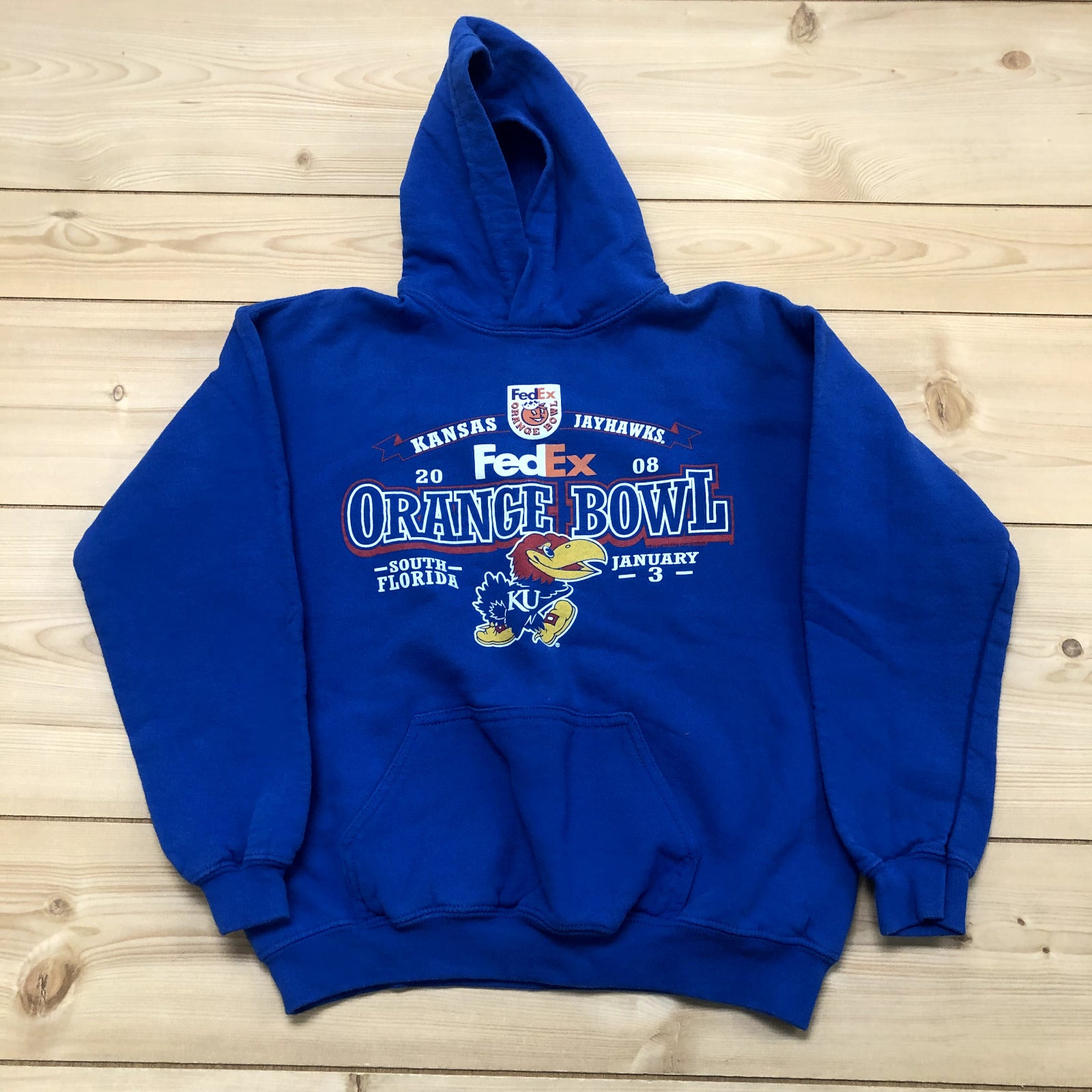 Gildan Blue 2008 Orange Bowl KU Jayhawks Long Sleeve Hoodie Sweater Youth Size L