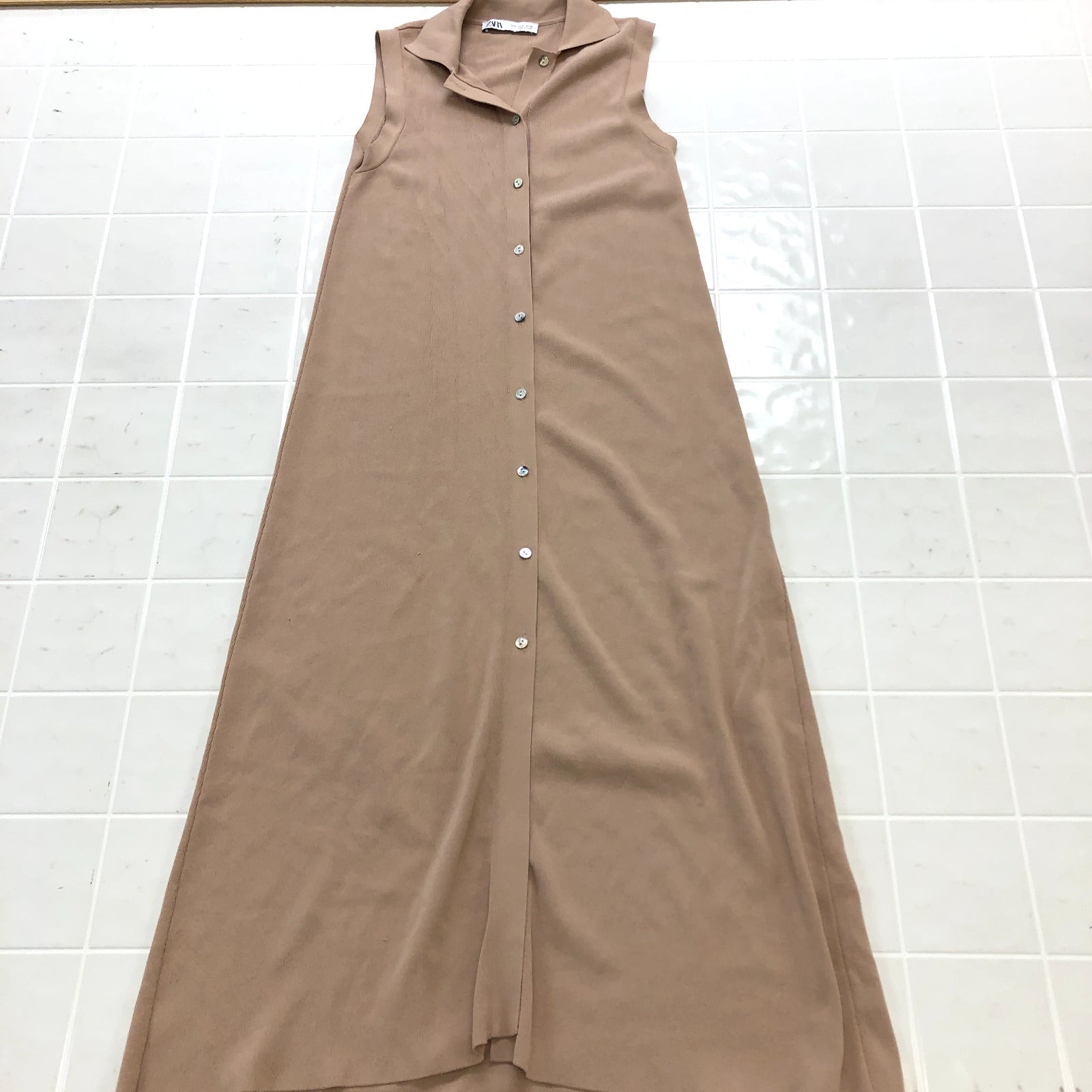 Zara Nude Solid Stretch Regular Collared Button Up Shift Dress Women's Size S