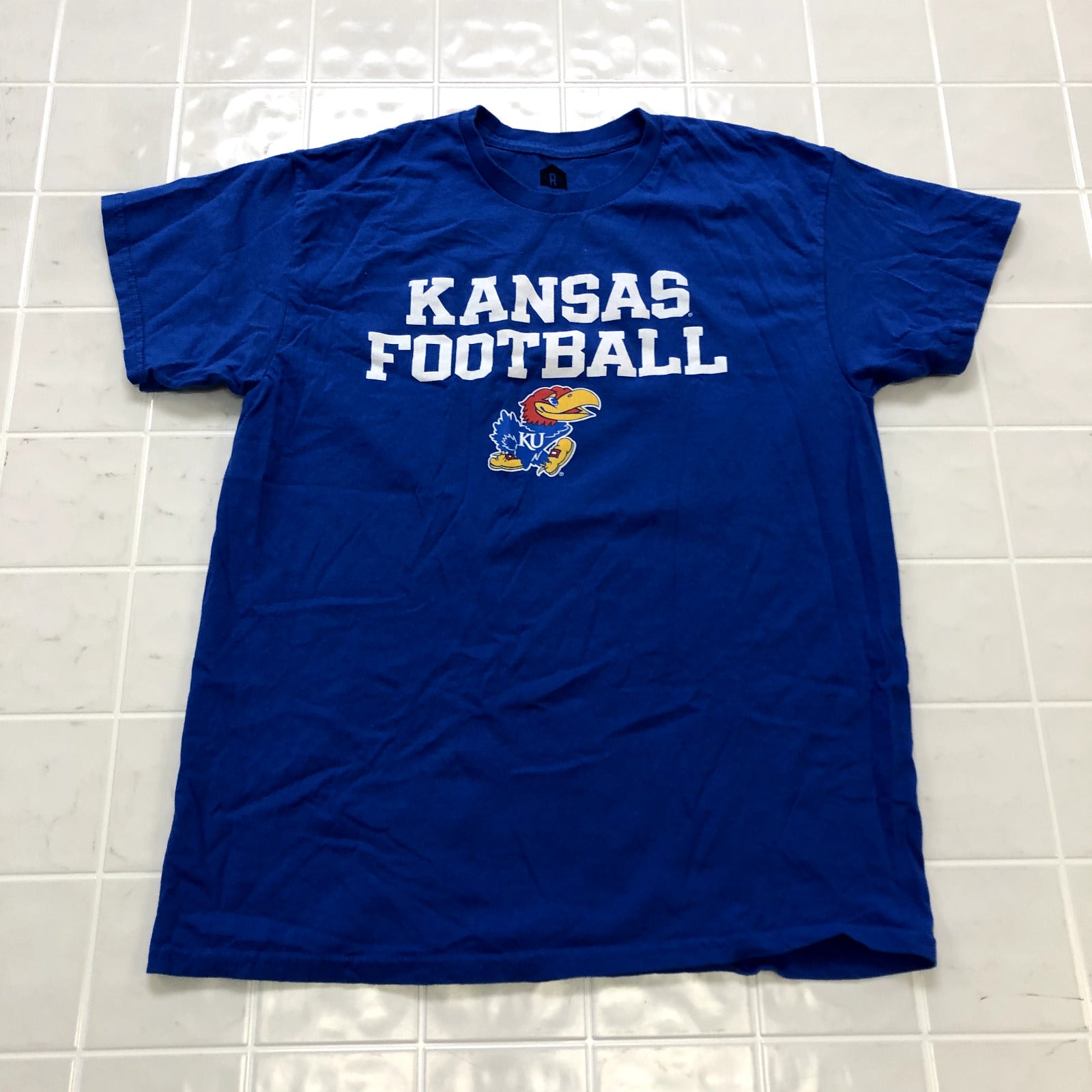 R Blue Kansas University Jayhawks Football Cotton Casual T-shirt Adult Size L