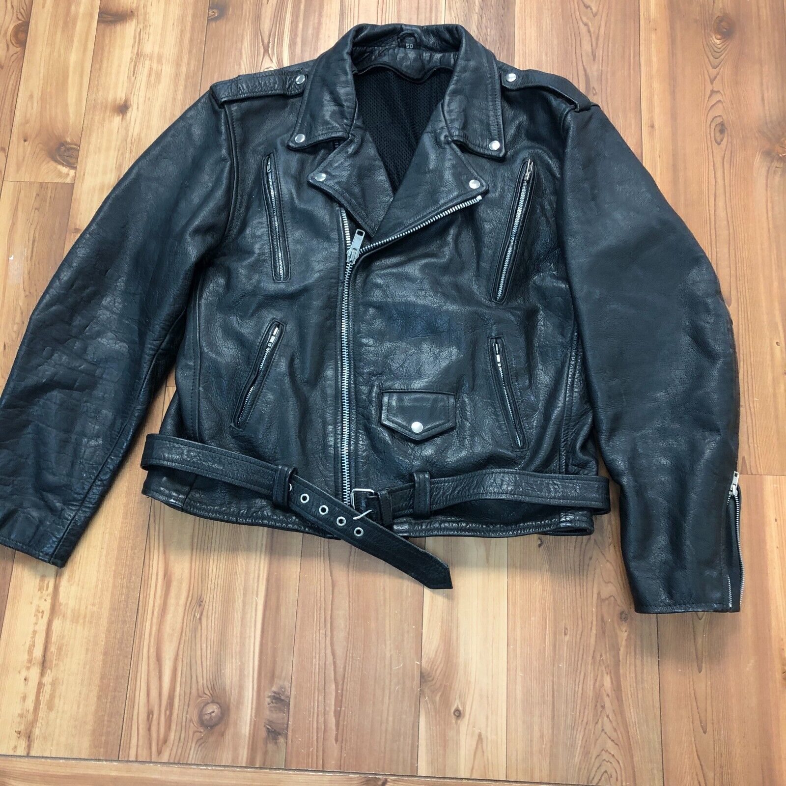 Vintage Harley Davidson Black Flames Logo Patch Leather Biker Jacket Men Size 50
