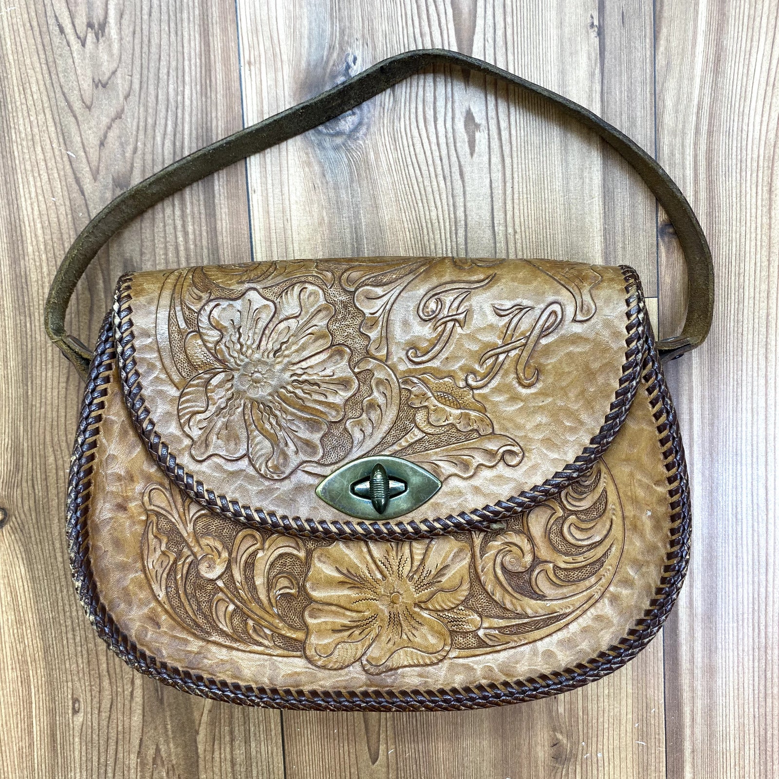 Handmade Light Brown Tooled Leather Initals 'FH' Clutch Purse