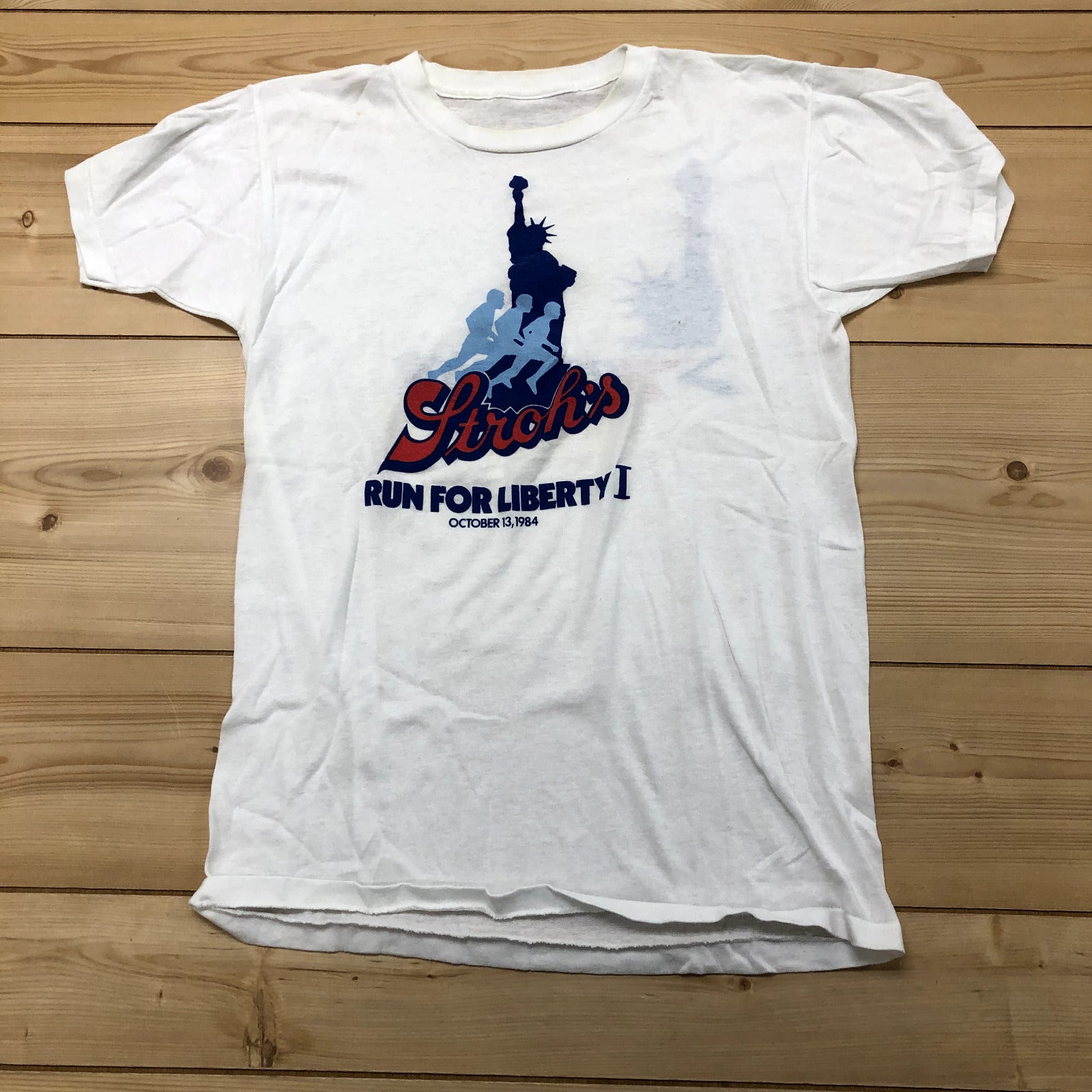 Vintage White Stroh's Run for Liberty 1984 Short Sleeve T-Shirt Adult Size S
