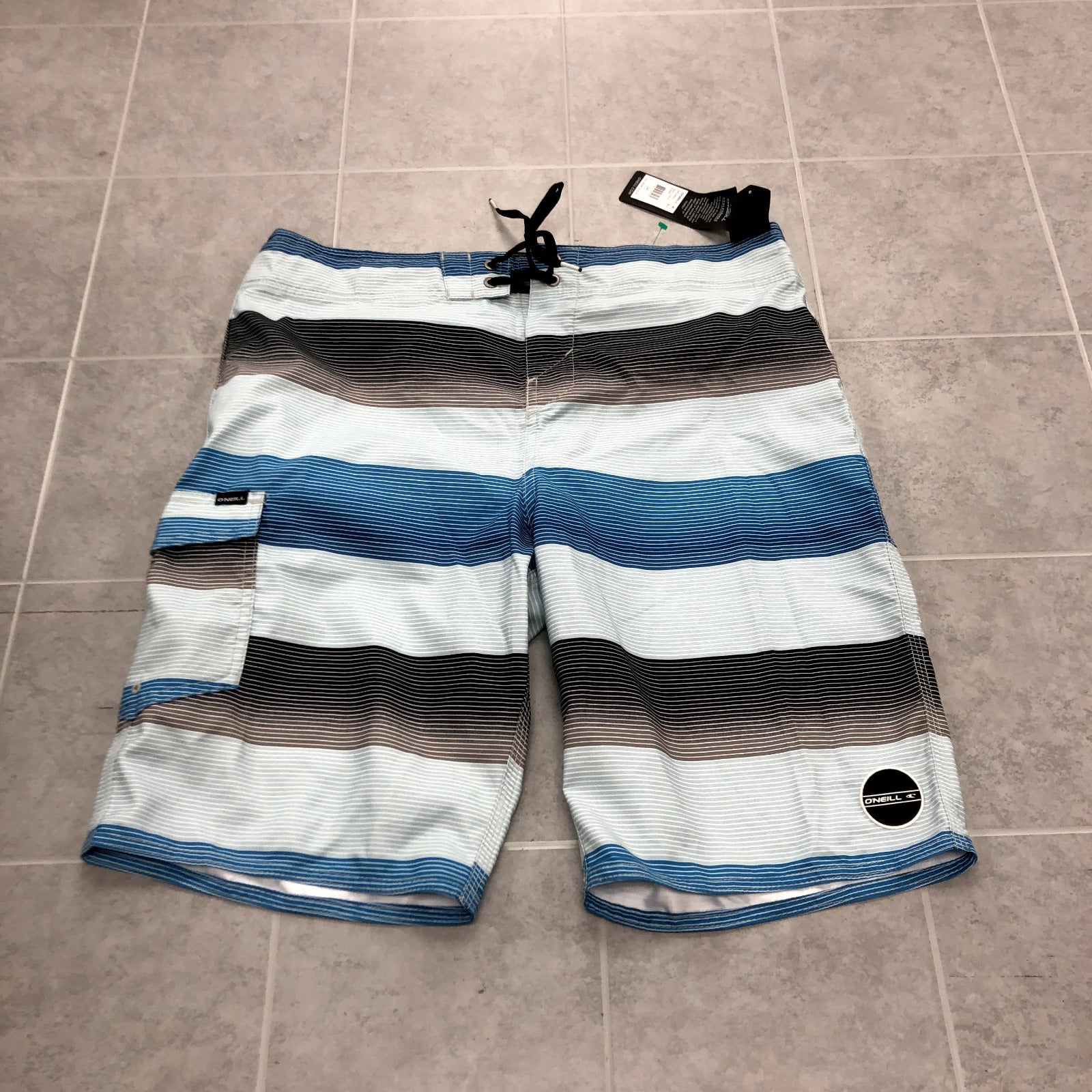 O'NEILL Multicolor Striped Straight Legged Pleated Swim Shorts Adult Size 34