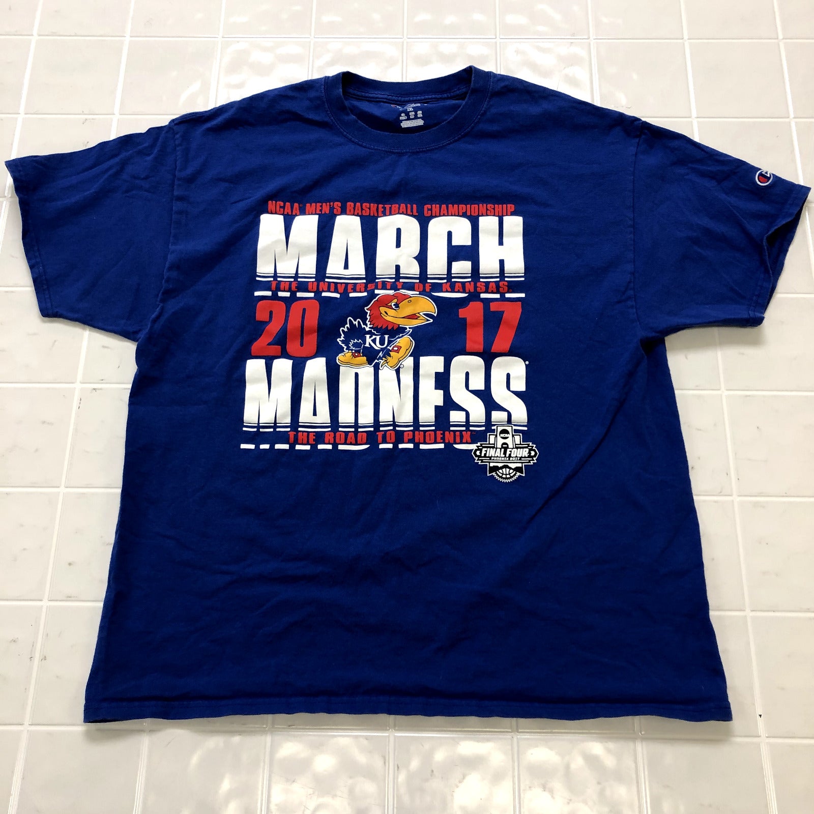 Champion Blue Kansas Jayhawks 2017 Basketball Champions T-shirt Adult Size XL