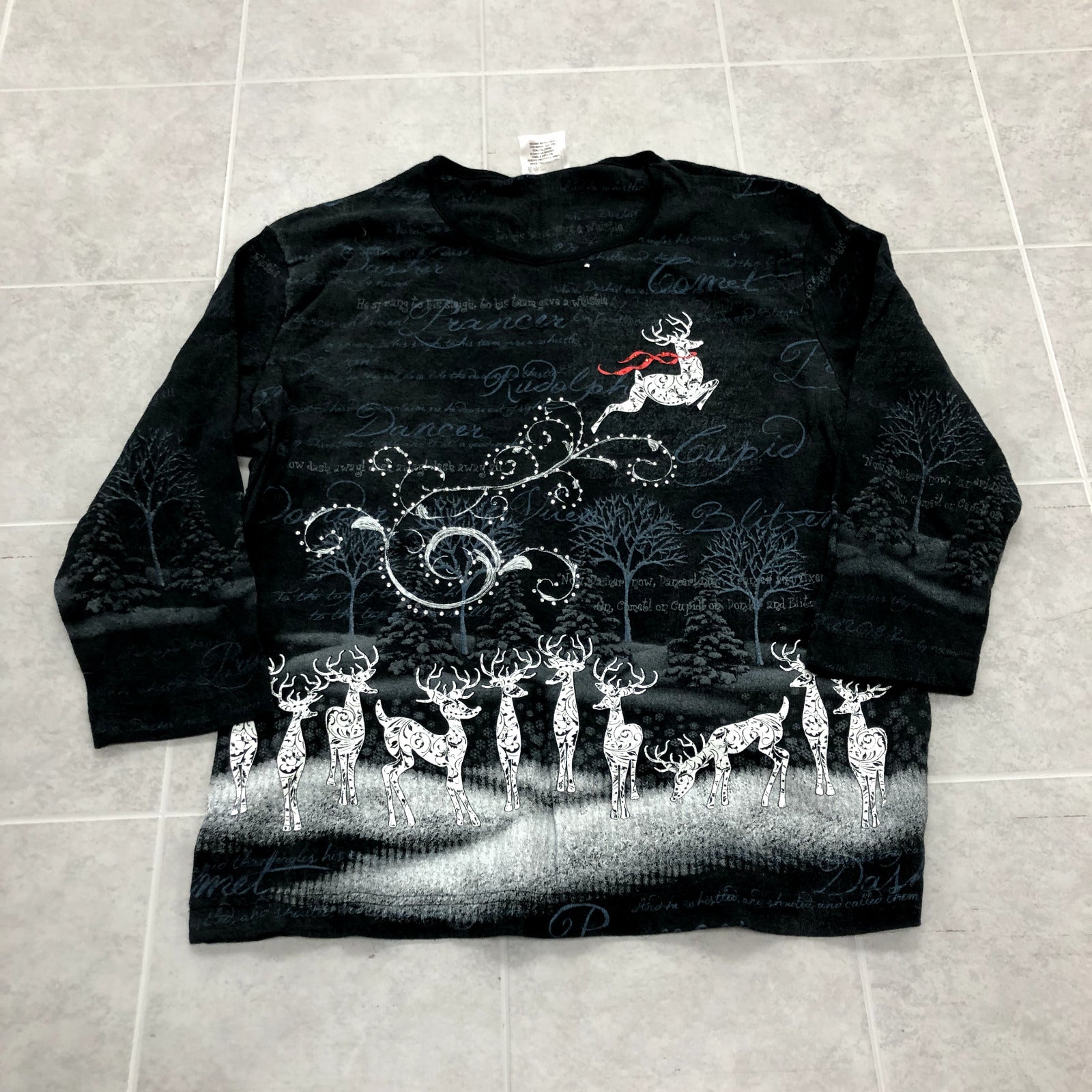 Studio Collection Black Long SLeeve Reindeer Holiday T-shirt Womens Size 38
