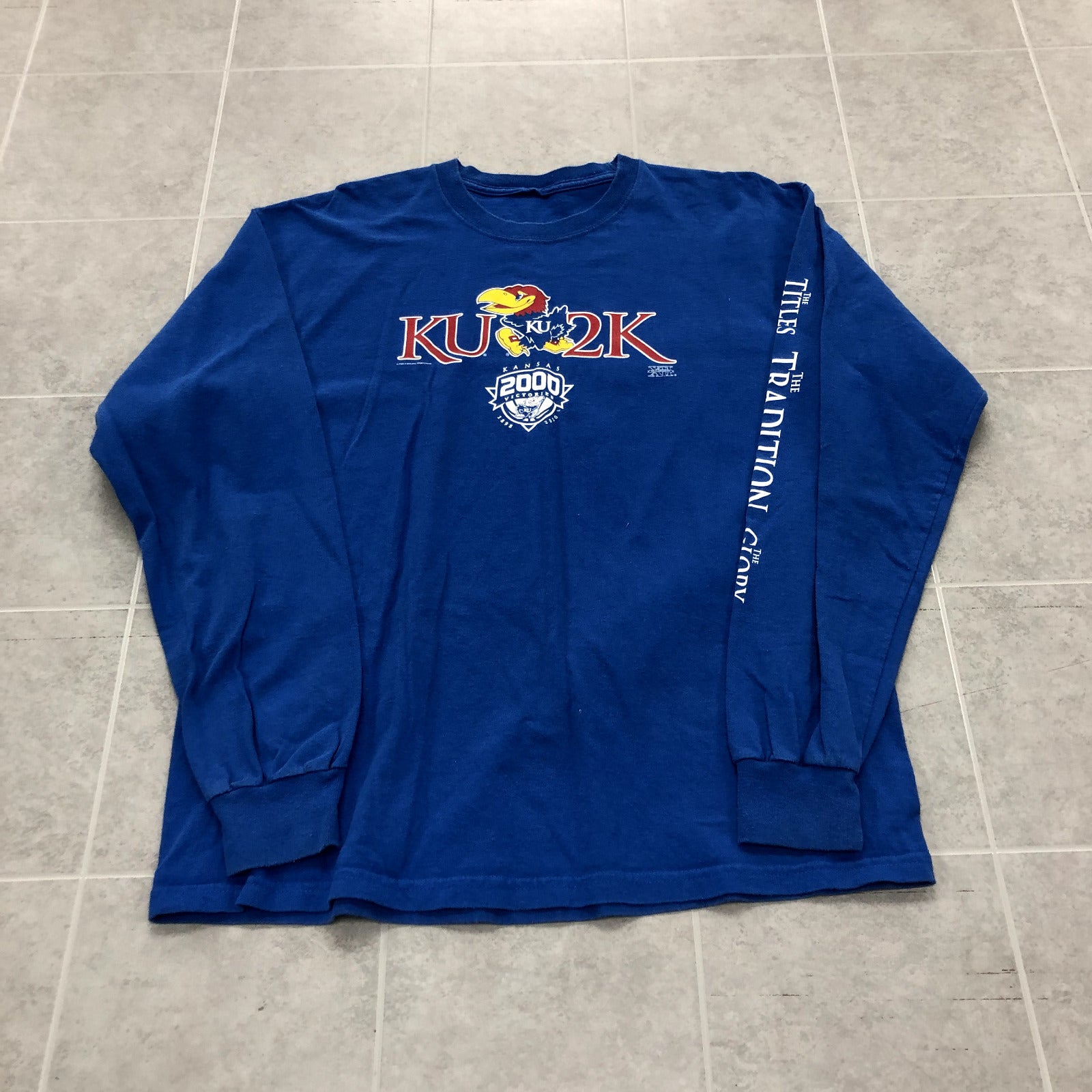 Blue Long Sleeve Crew Neck Kansas Jayhawks 2000 Victories T-shirt Adult Size L