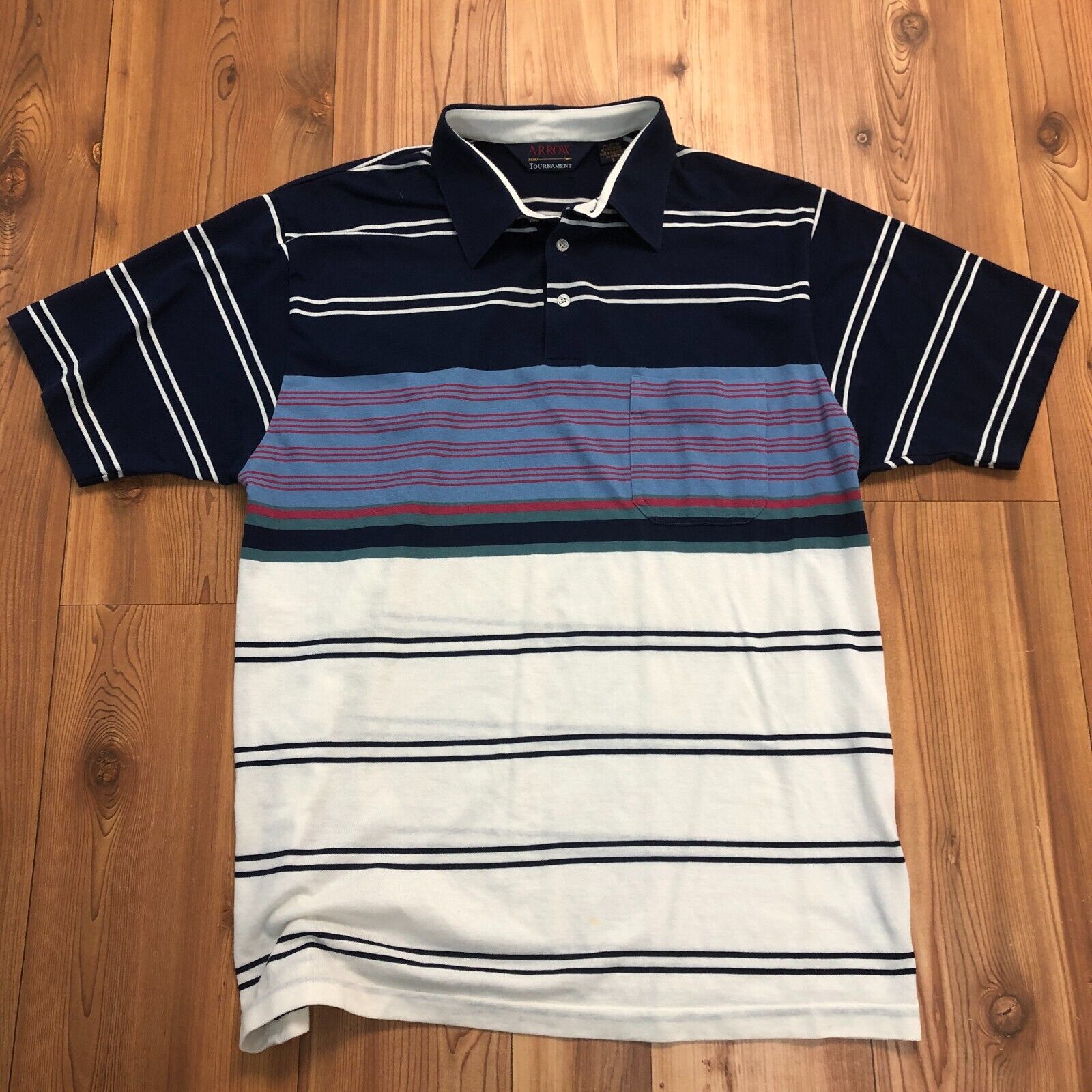 Arrow Tournament Blue Polo Striped Short Sleeve 1/4 Button Shirt Men's Size L