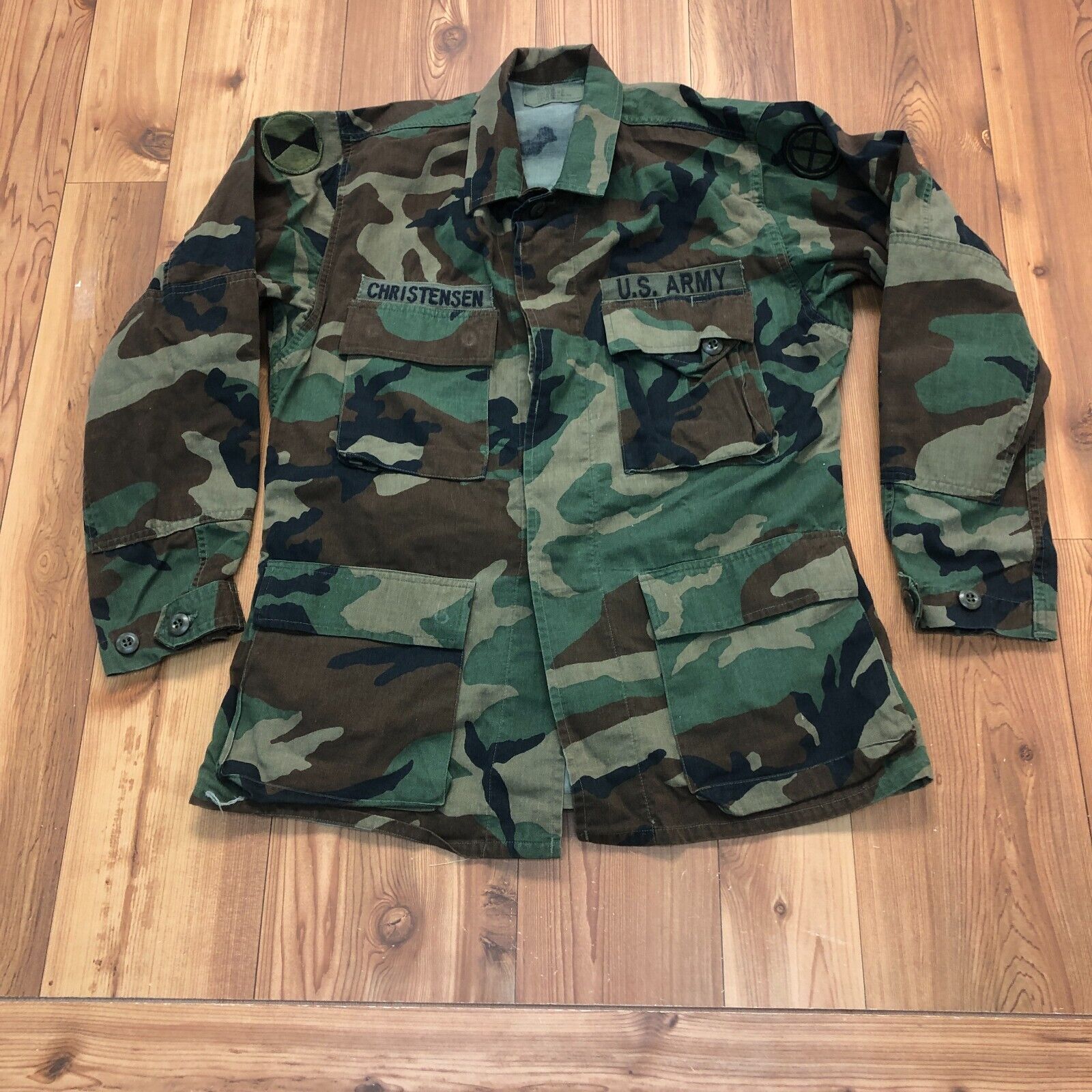 Vintage United States Army Green Woodland Camo Long Sleeve Jacket Men Size Large